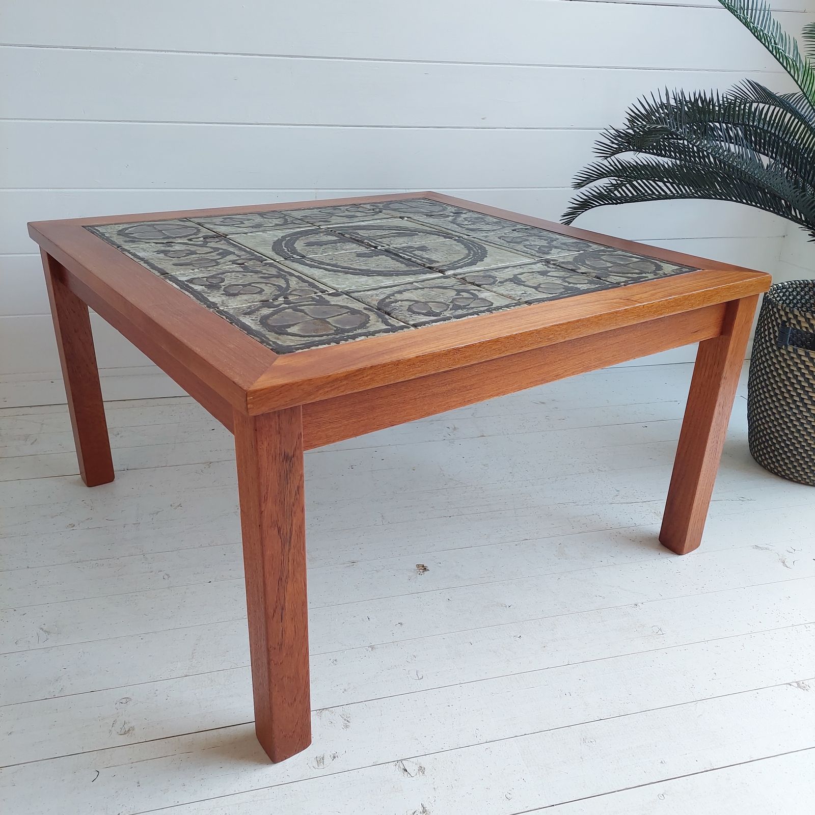Mid Century Danish Ceramic And Teak Coffee Table By Ox Art For Trioh, 1970s photo vinterior