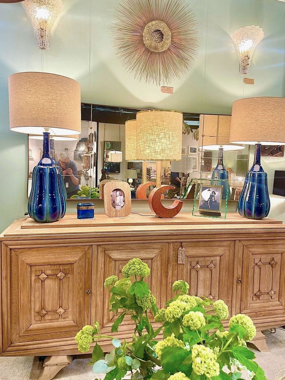 A Stunning Large Pair Of 1980s Italian Blue And Green Ceramic Lamps With Bespoke Linen Shades photo furniture