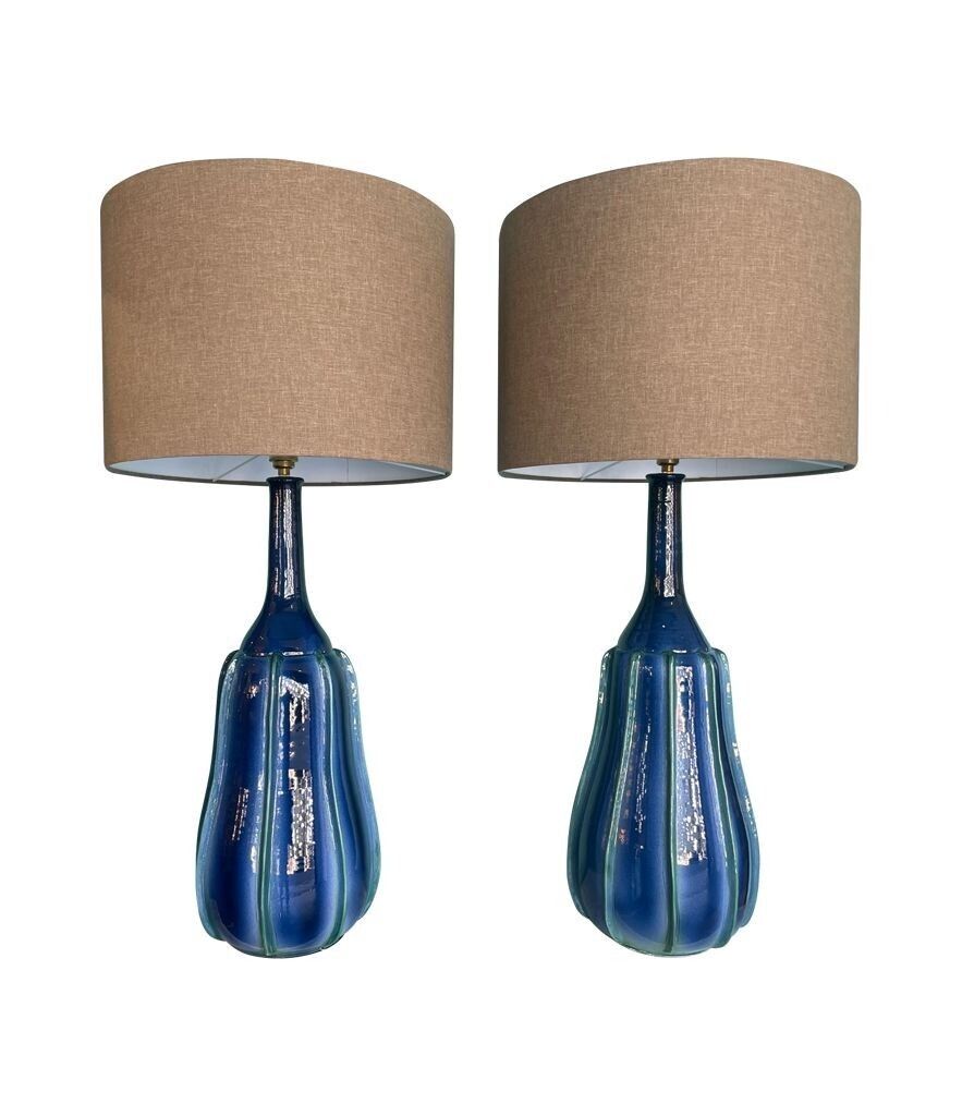 A Stunning Large Pair Of 1980s Italian Blue And Green Ceramic Lamps With Bespoke Linen Shades photo for sale
