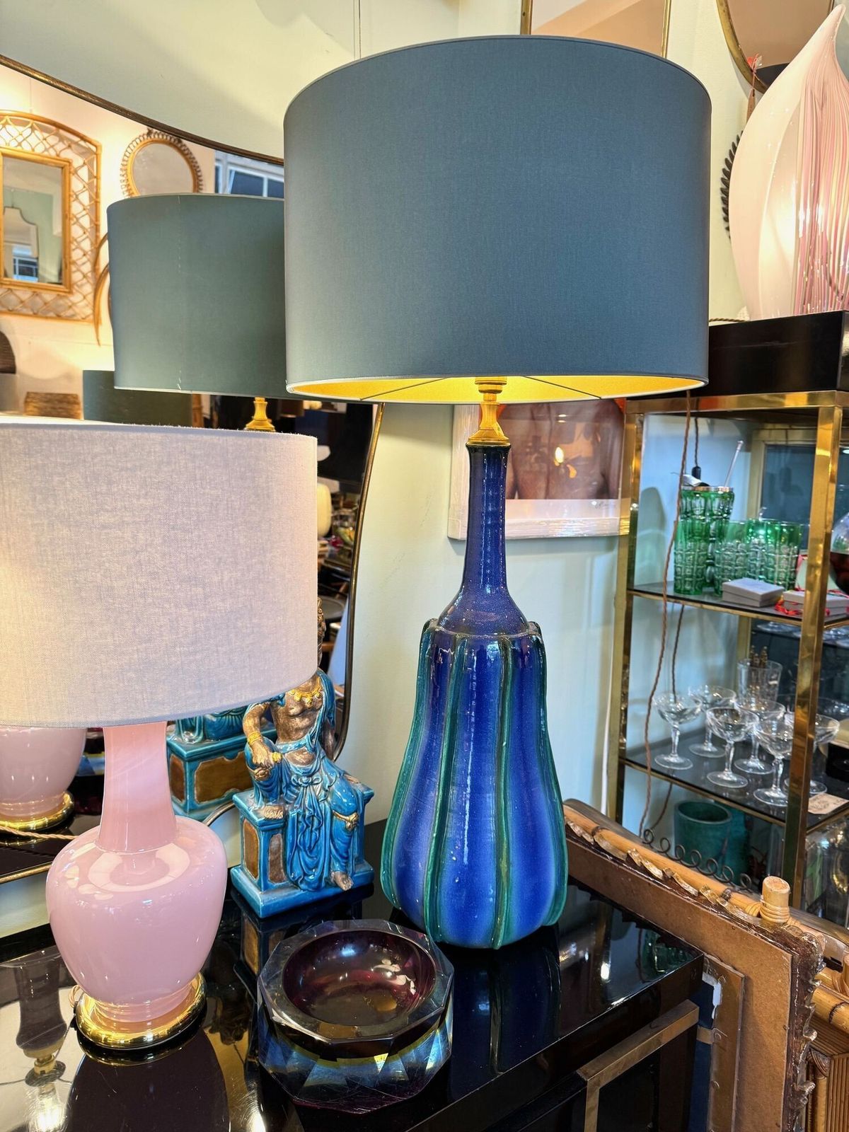 A Stunning Large Pair Of 1980s Italian Blue And Green Ceramic Lamps With Bespoke Linen Shades photo buy