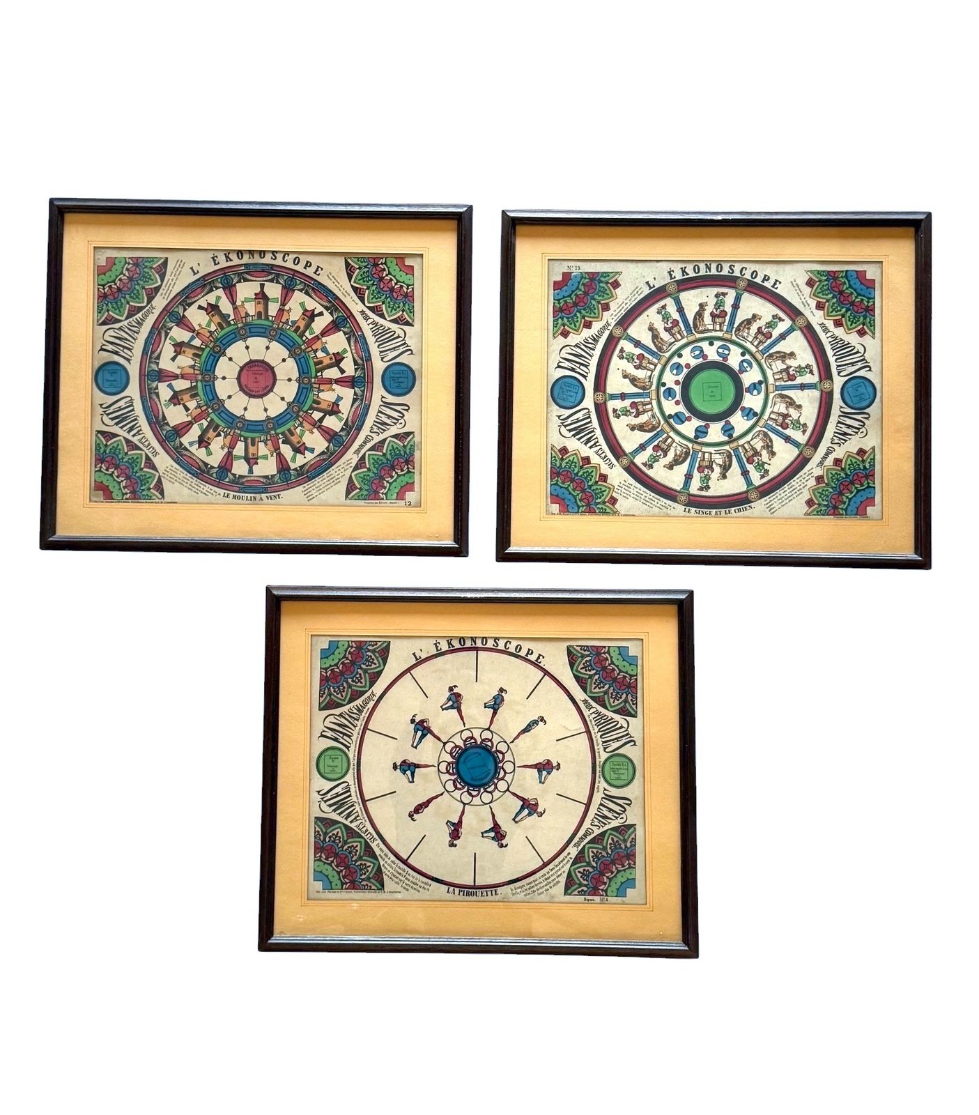 L'ekonoscope, Set Of 3 Framed Original Phenakistoscopes, France Epinal, XIX Cent. photo vintage
