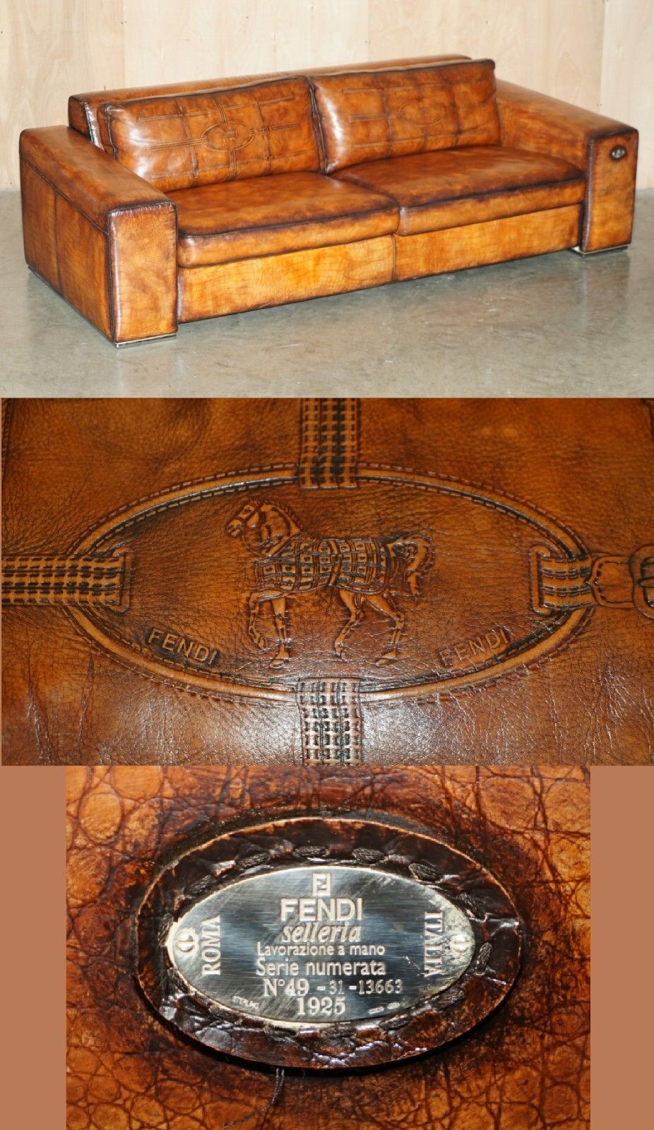 Rare Equestrian Embossed Fendi Crocodile Alligator Leather Patina Hand Dyed Sofa