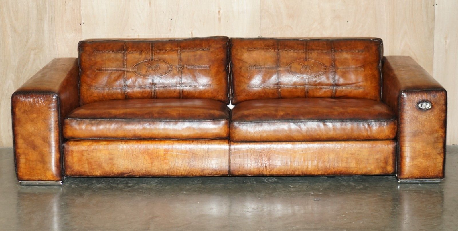 Rare Equestrian Embossed Fendi Crocodile Alligator Leather Patina Hand Dyed Sofa photo for sale
