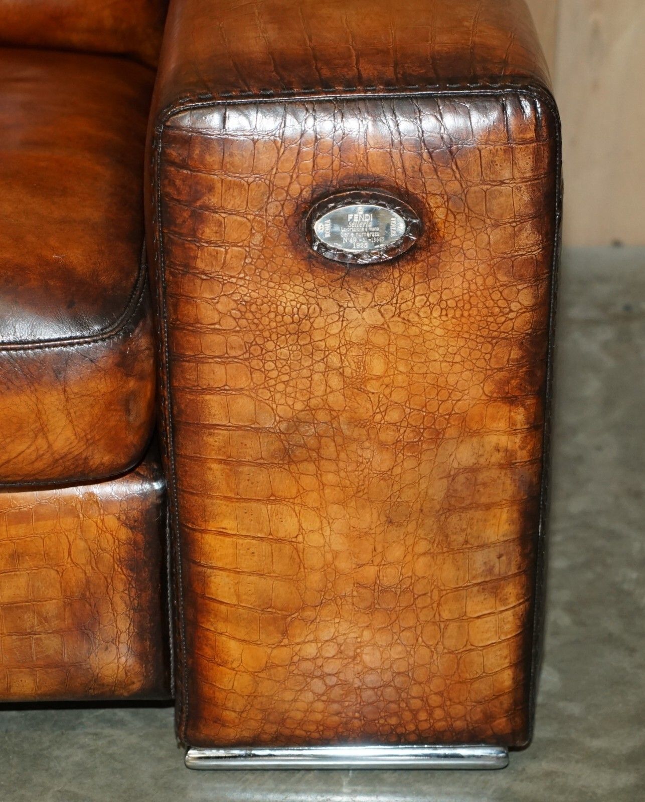 Rare Equestrian Embossed Fendi Crocodile Alligator Leather Patina Hand Dyed Sofa photo vintage