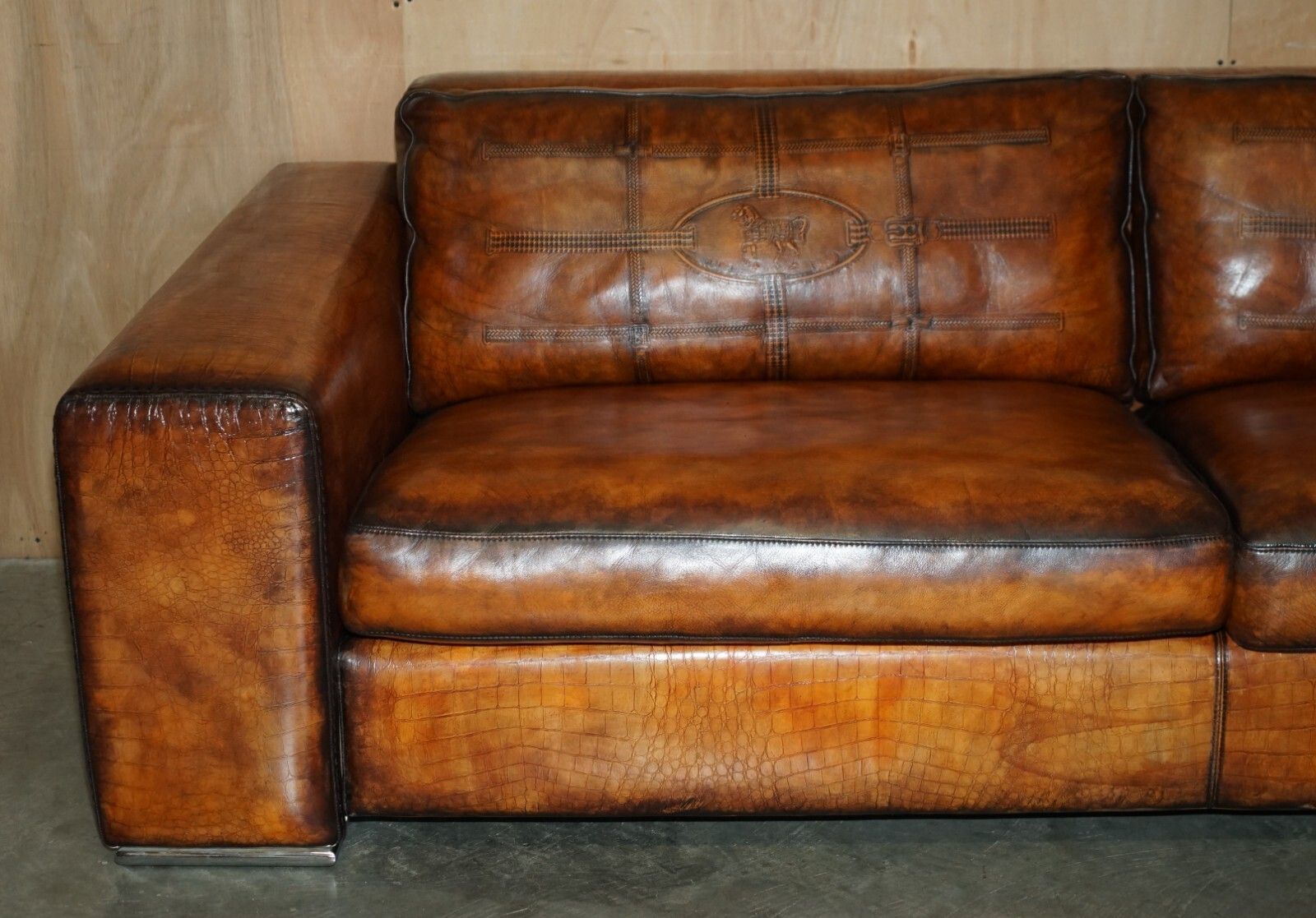20000.0 Rare Equestrian Embossed Fendi Crocodile Alligator Leather Patina Hand Dyed Sofa photo