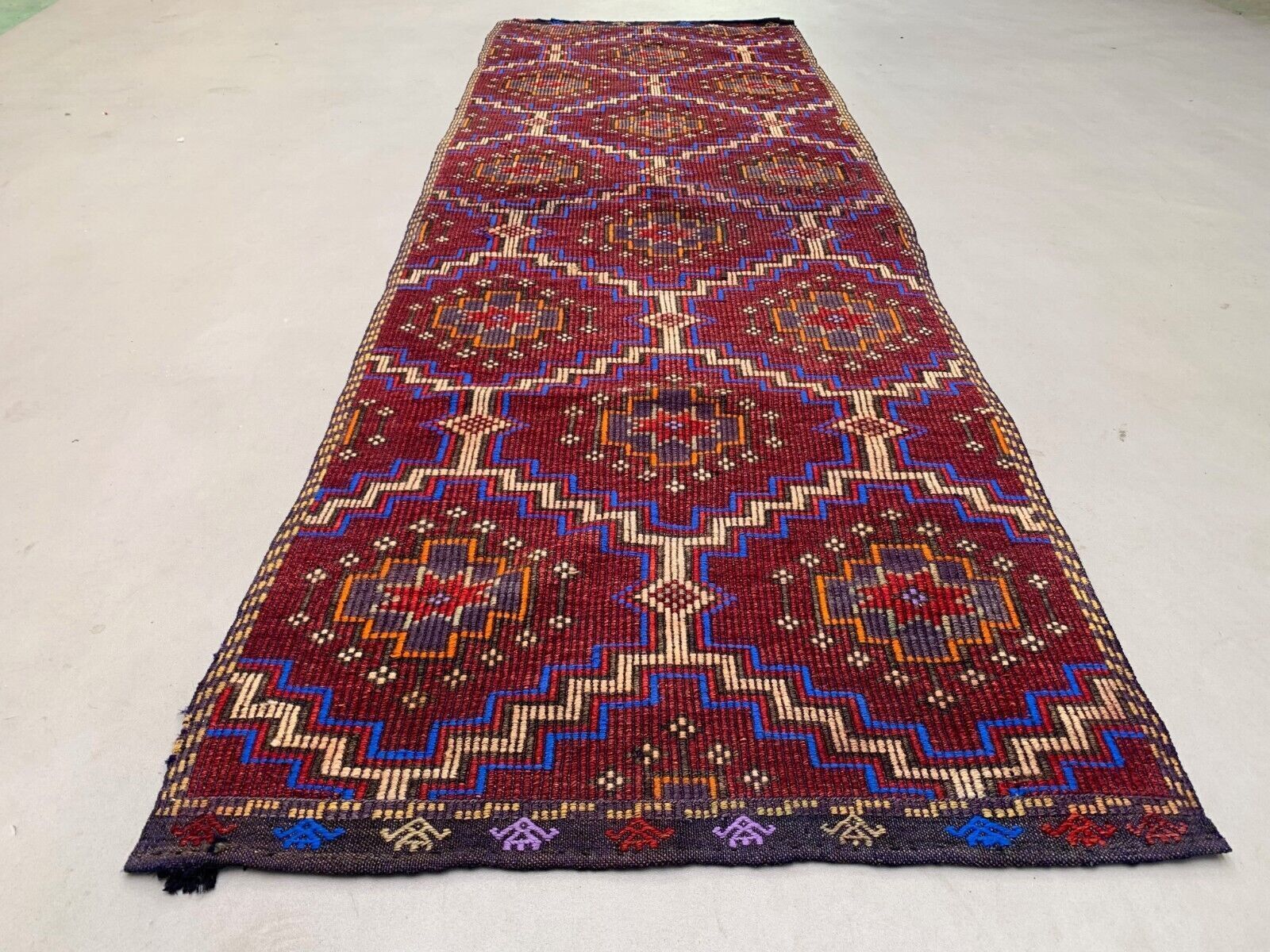 Old Turkish Kilim Runner 290x94 Cm, Shabby Chic, Vintage Kelim Red Black