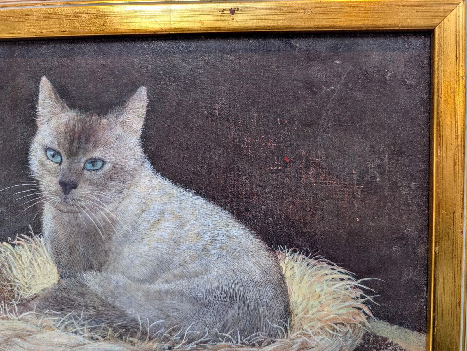 Original Vintage Acrylic On Canvas Painting Unsigned Of A Siamese Cat In Basket photo buy