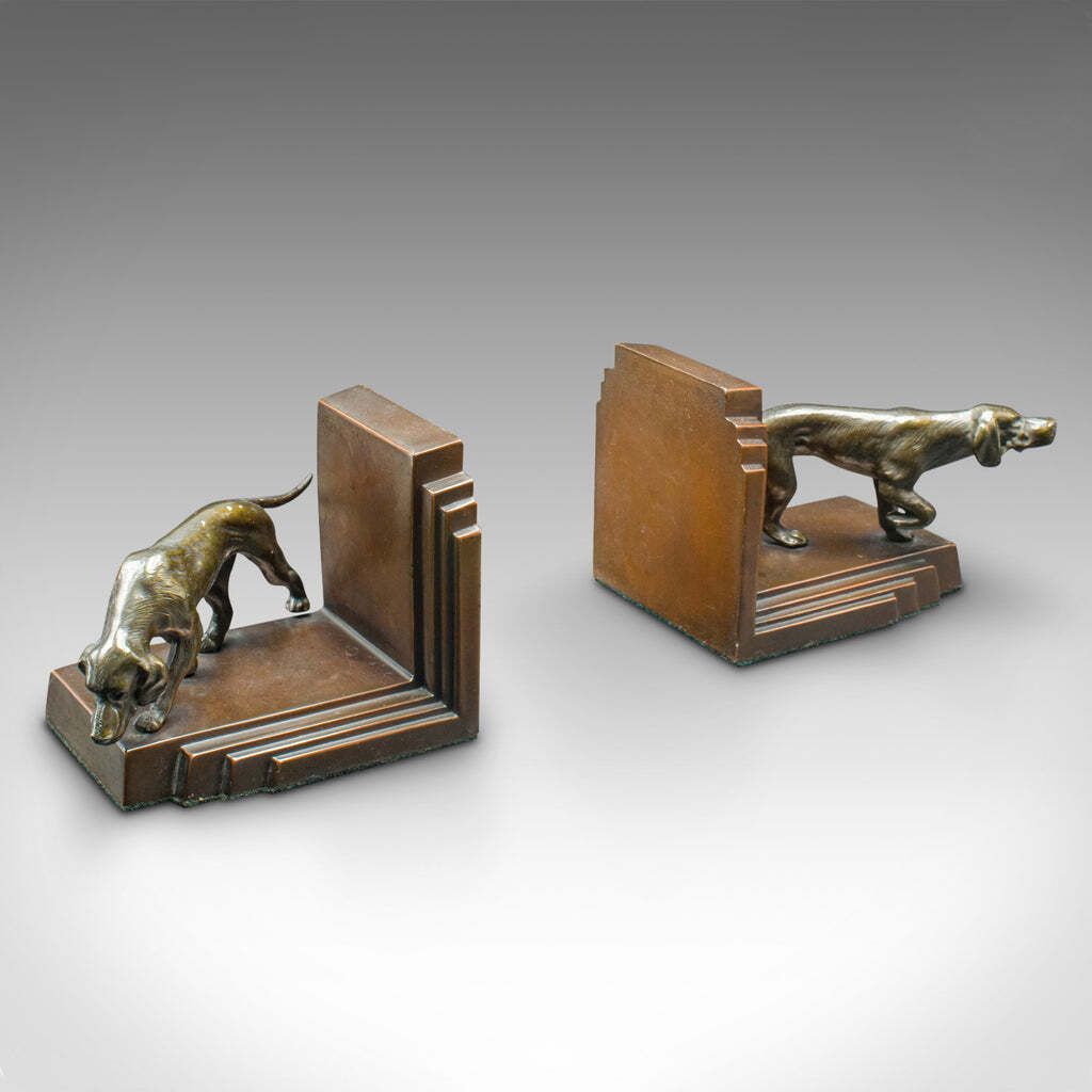 Pair Of Vintage Pointer Bookends, French Bronze, Dog Figure, Book Rest, Art Deco photo furniture