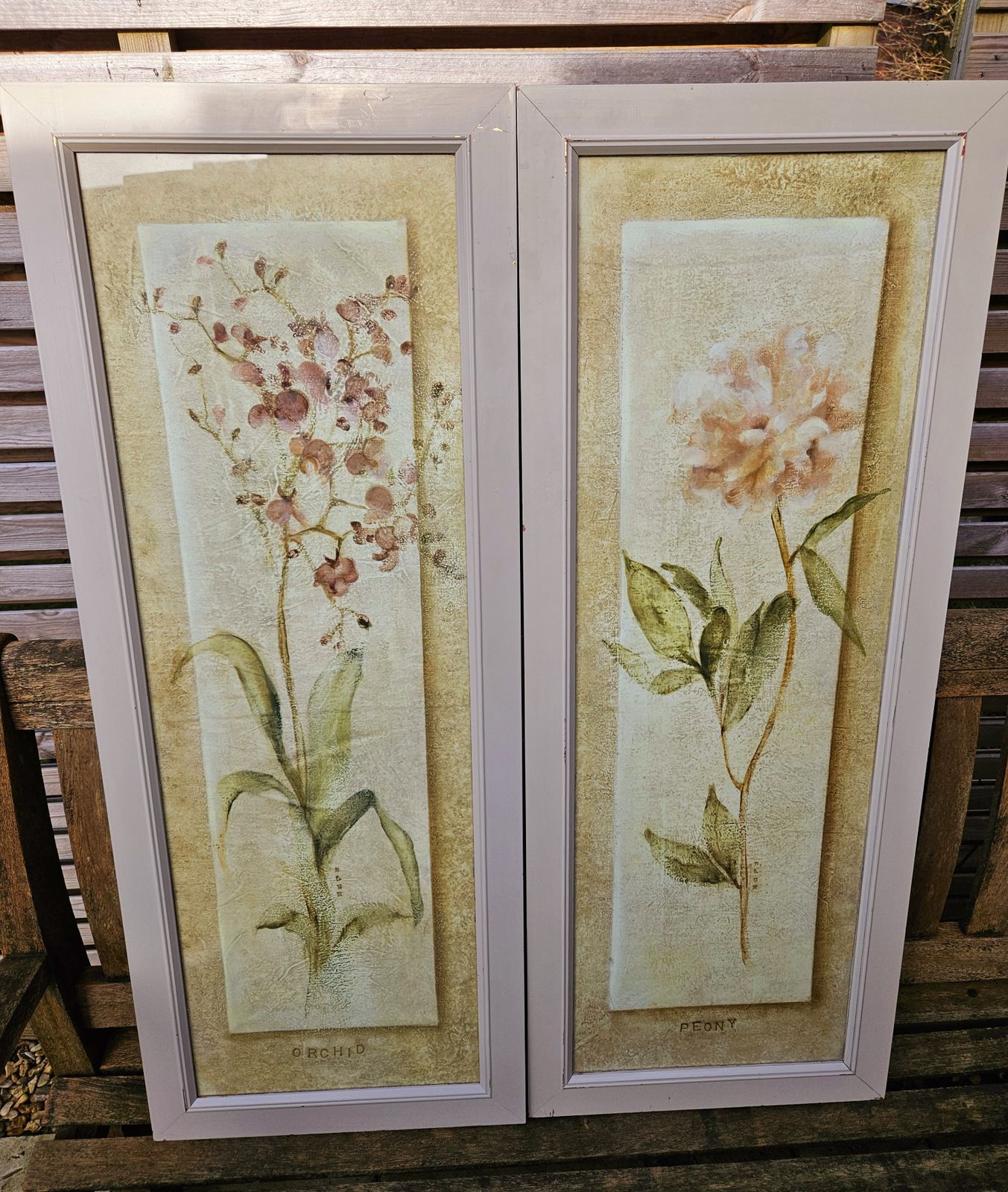 Pair Of Large, Framed Oriental Style Botanical Prints In Neutral Tones photo Art