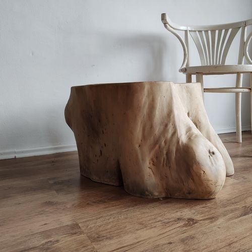 Natural Wood Side Table Stump Oak Heavy Wabi Sabi, Organic Shape, Treated photo for sale