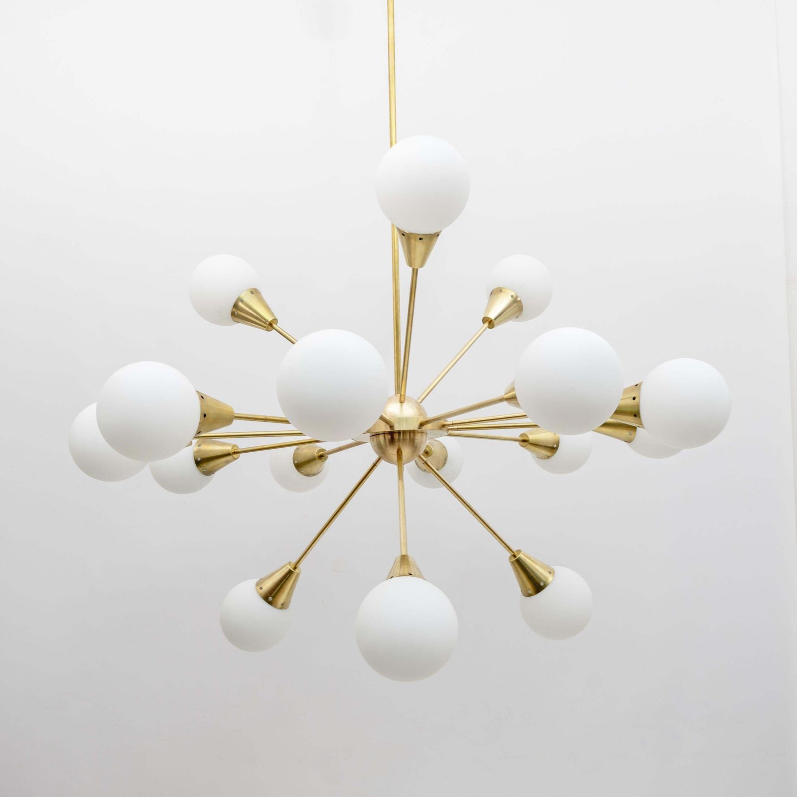 Mid Century Modern Italian Brass And Glass Opaline Large Sputnik Chandelier, 70s photo Lighting