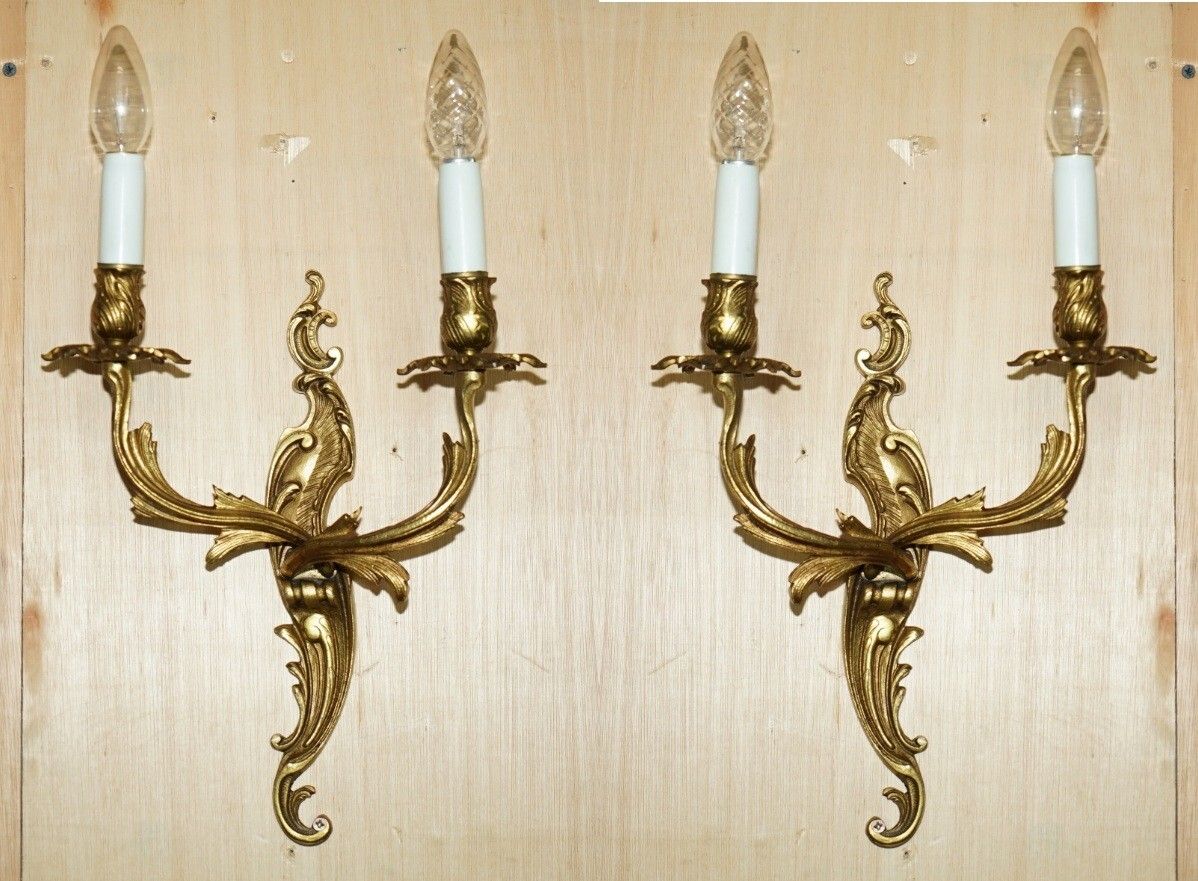 Pair Of Stunning Antique French 1920's Gilt Bronzed Candle Sconce Wall Lights