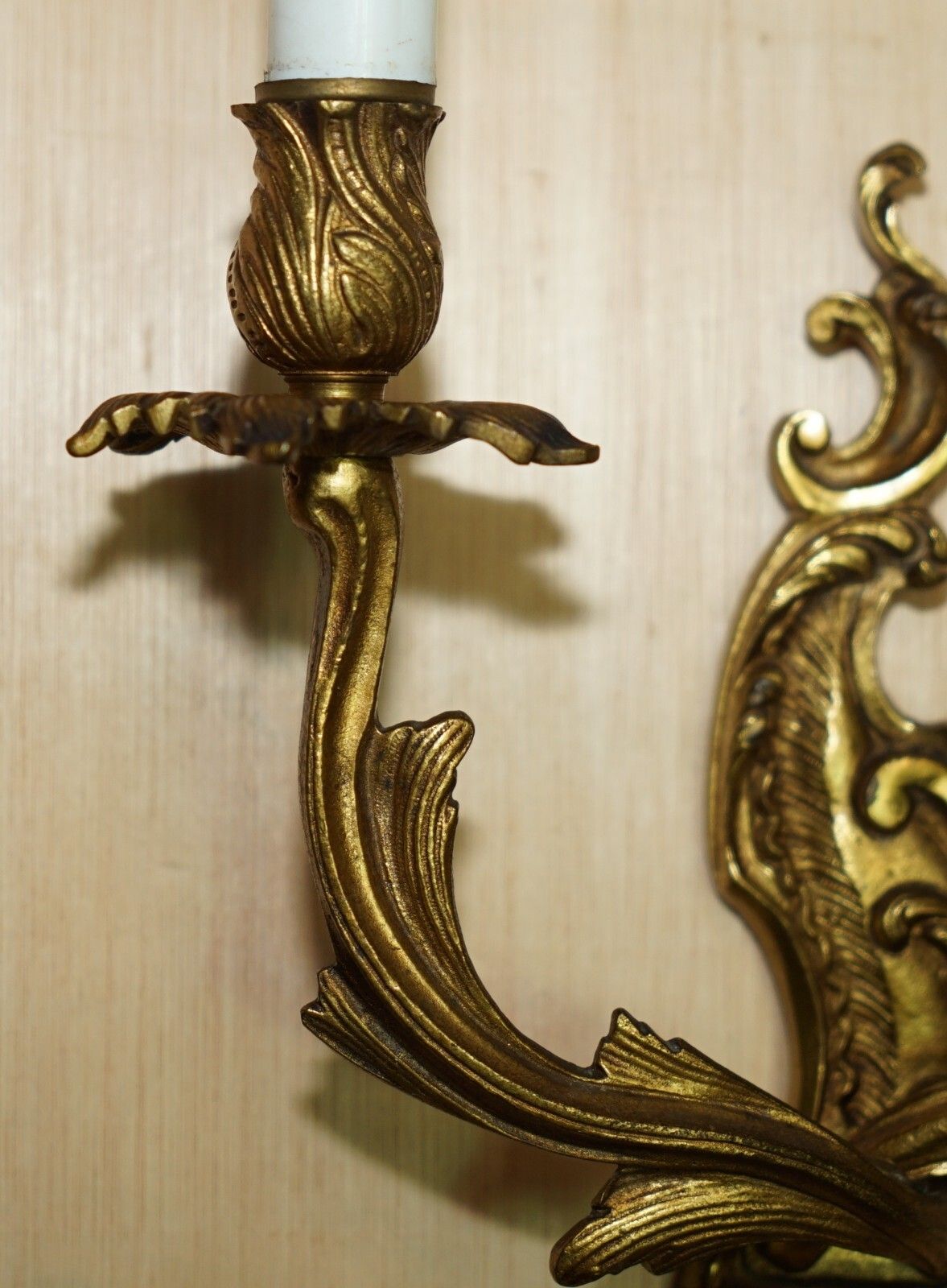 Pair Of Stunning Antique French 1920's Gilt Bronzed Candle Sconce Wall Lights photo Lighting
