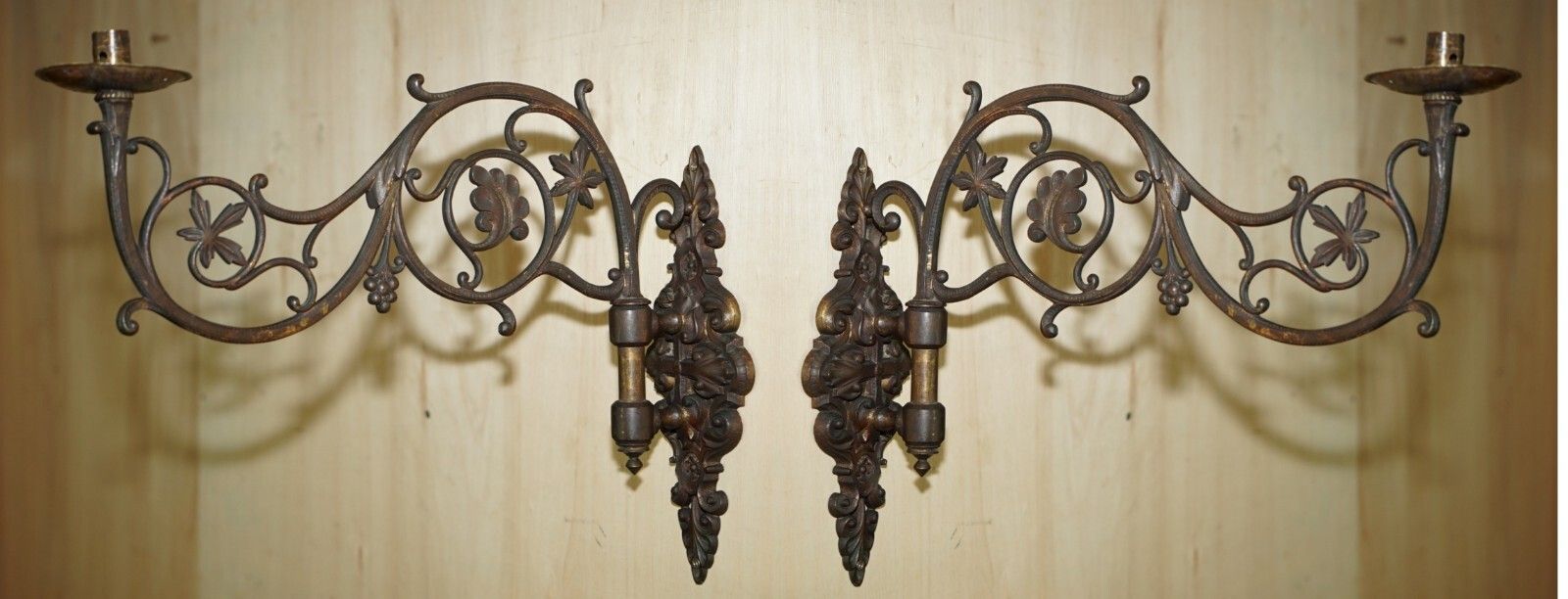 Pair Of Stunning Antique Gilt Bronze Very Large Candle Sconce Wall Light Holders