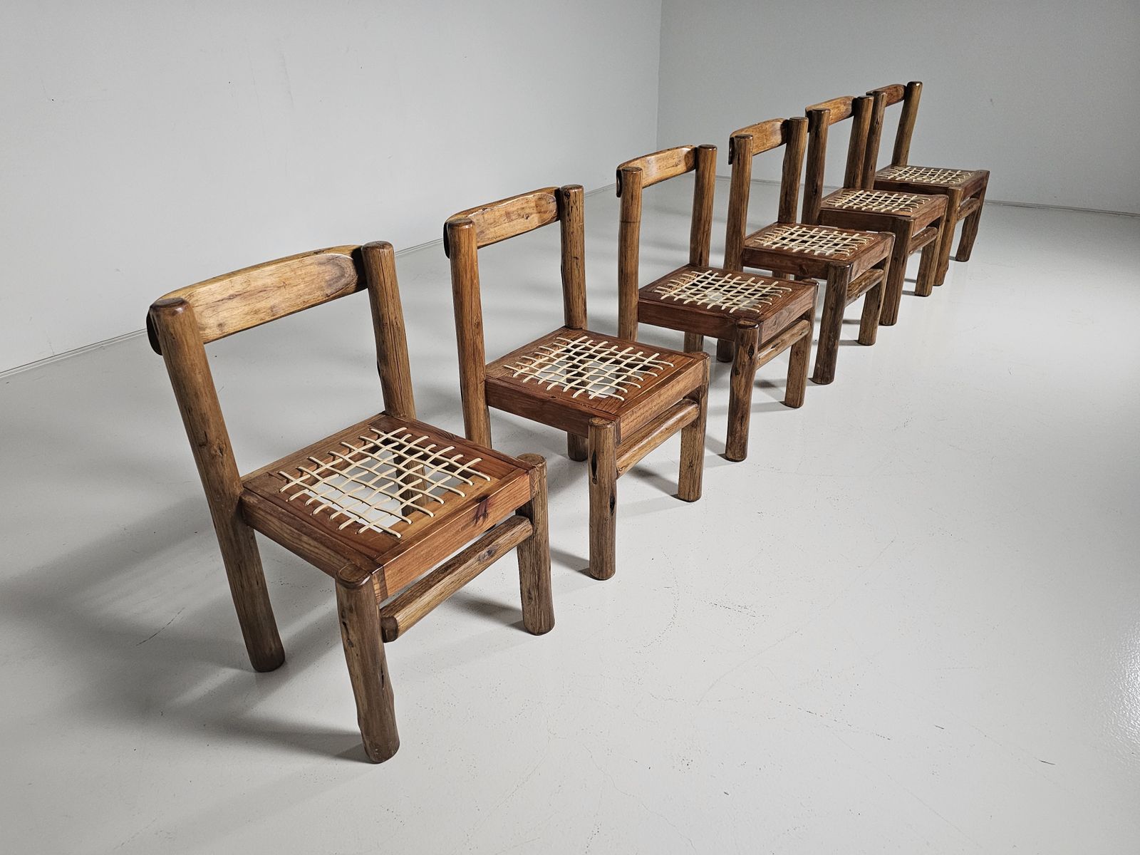 Set Of 6 Solid Pine Wood And Leather Brutalist Dining Chairs, Belgium, 1970s photo furniture