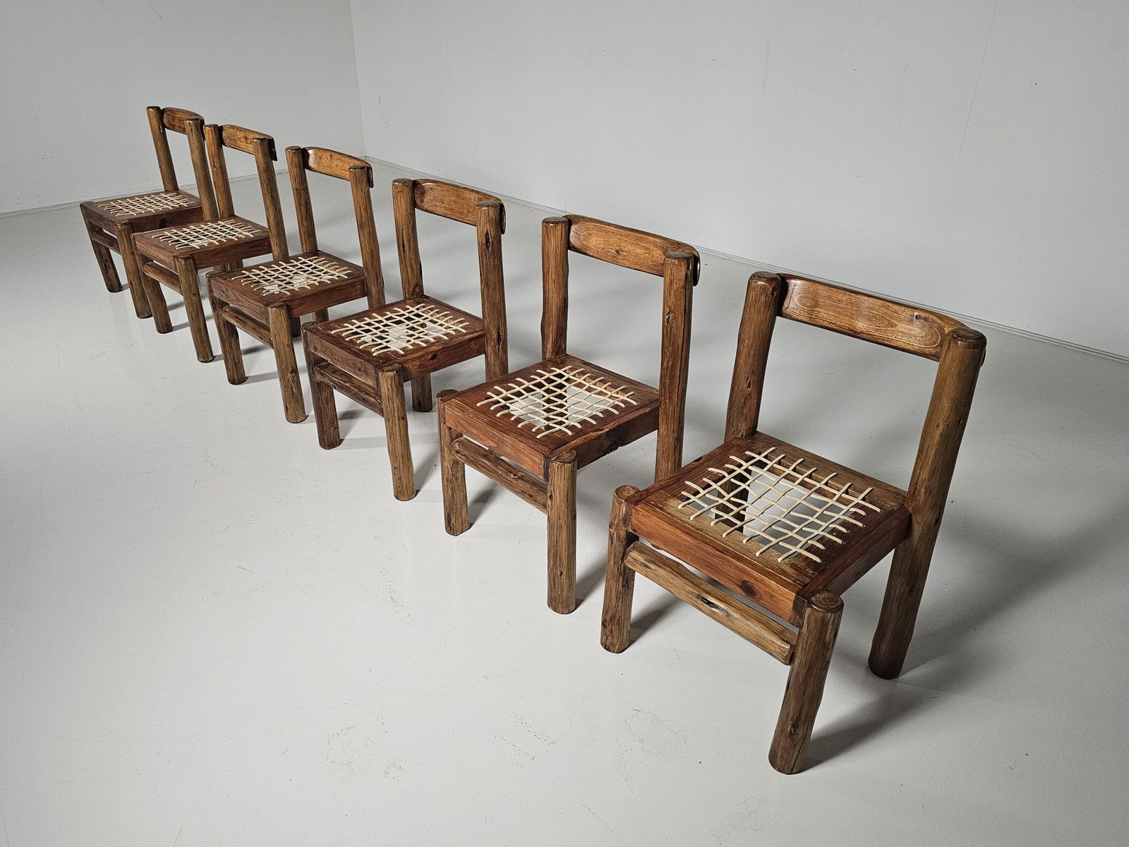 Set Of 6 Solid Pine Wood And Leather Brutalist Dining Chairs, Belgium, 1970s photo for sale