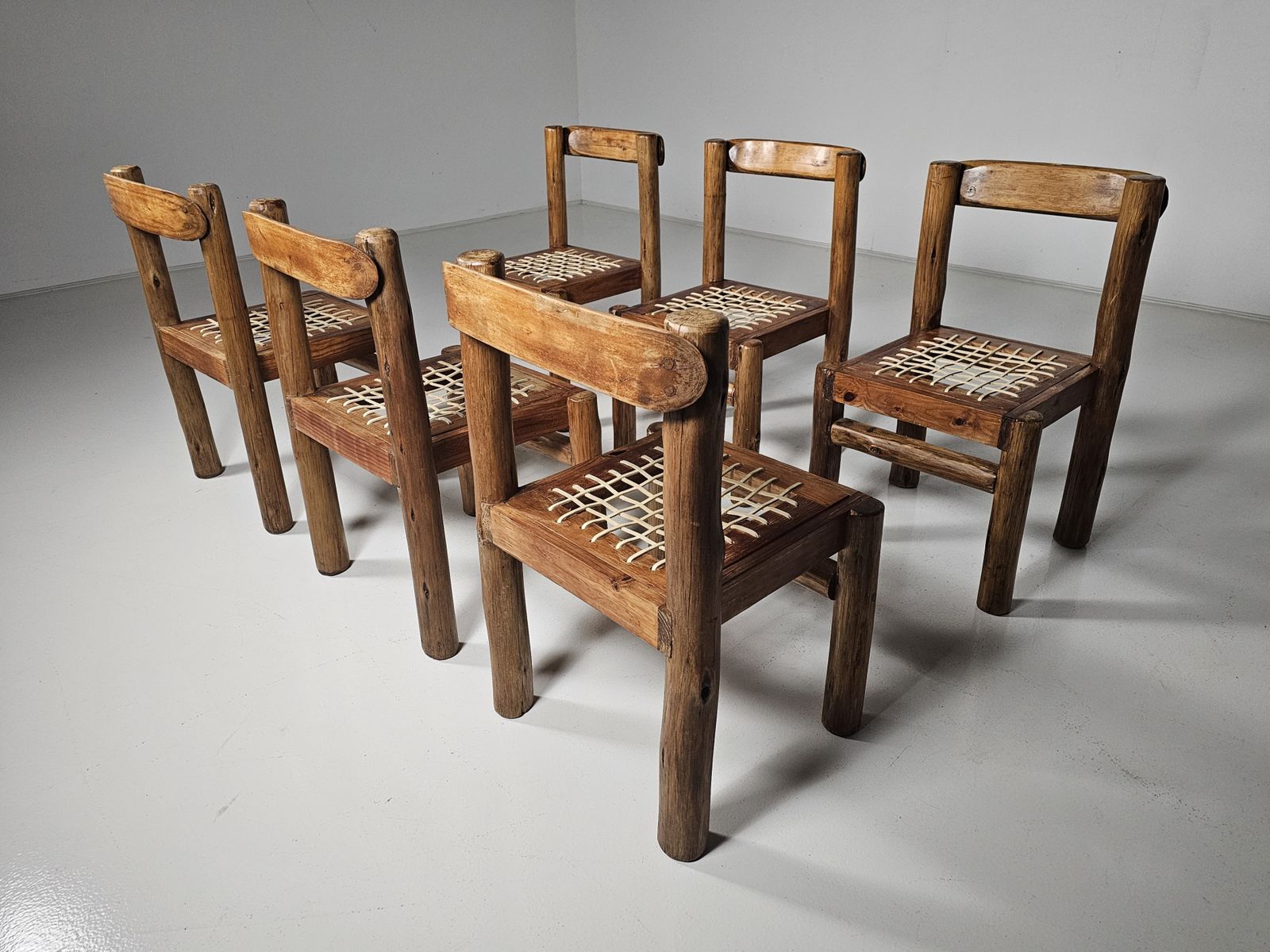 Set Of 6 Solid Pine Wood And Leather Brutalist Dining Chairs, Belgium, 1970s photo Furniture