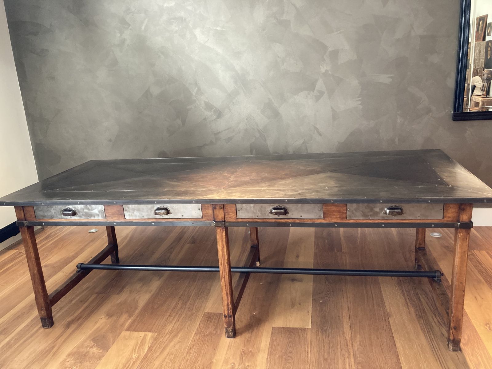 French Vintage Haberdasher’s Table With Decorative Metal Top And Drawers. photo 1950.0