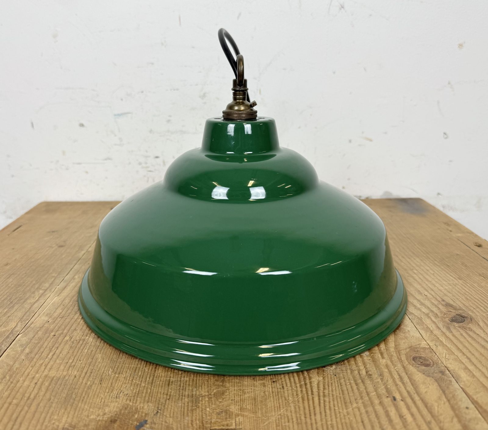 Industrial British Green Enamel Factory Pendant Lamp, 1960s photo for sale