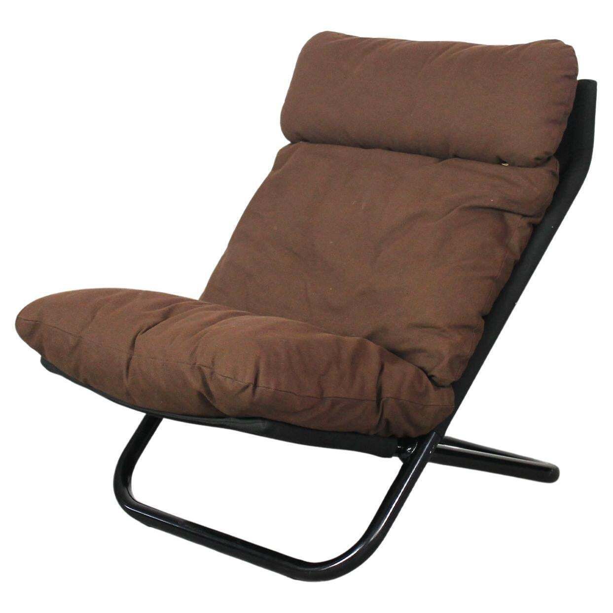 Marcello Cuneo High Backrest Cross Armchair In Steel And Brown Fabric By Arflex