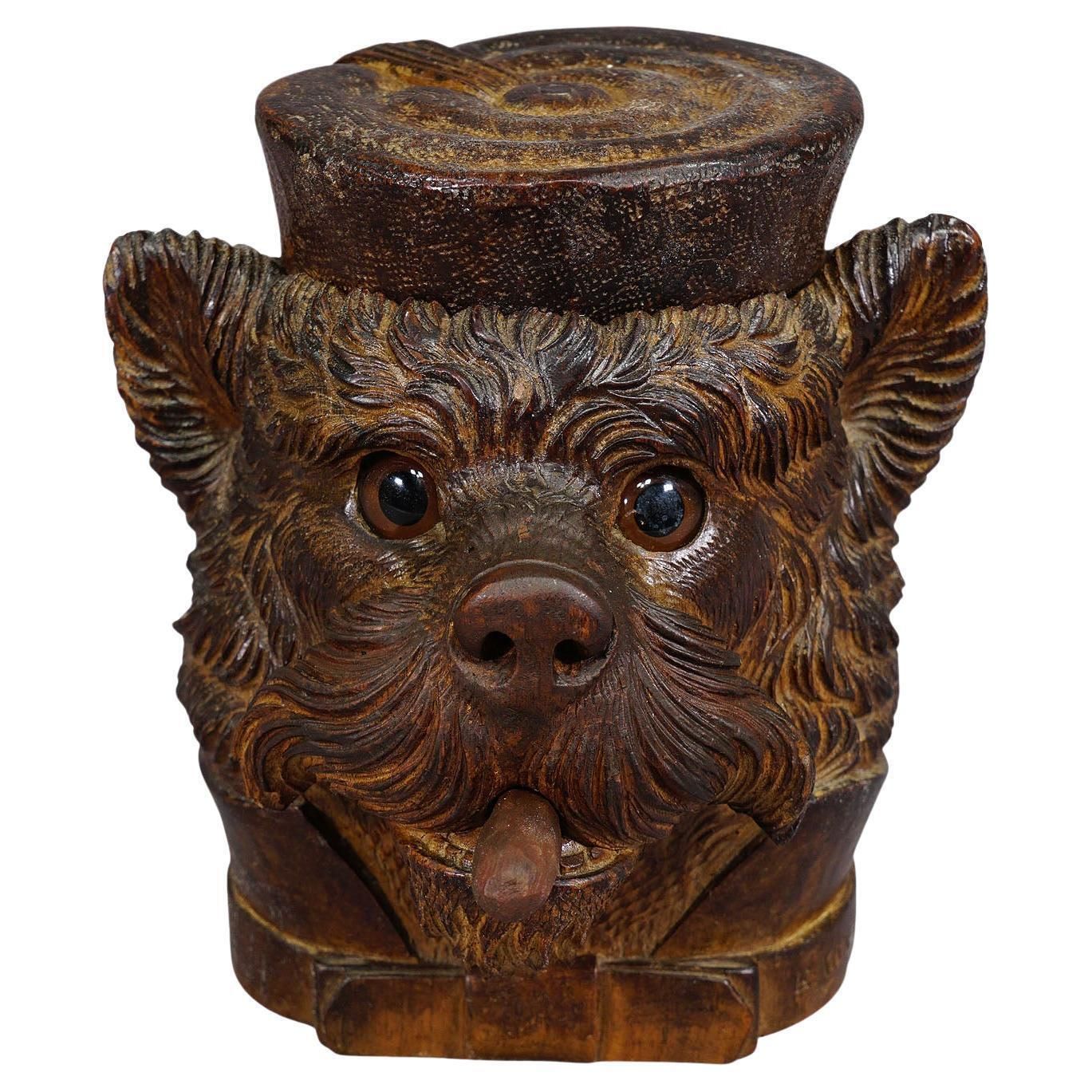 Wooden Carved Black Forest Tobacco Box Terrier Head Ca. 1900