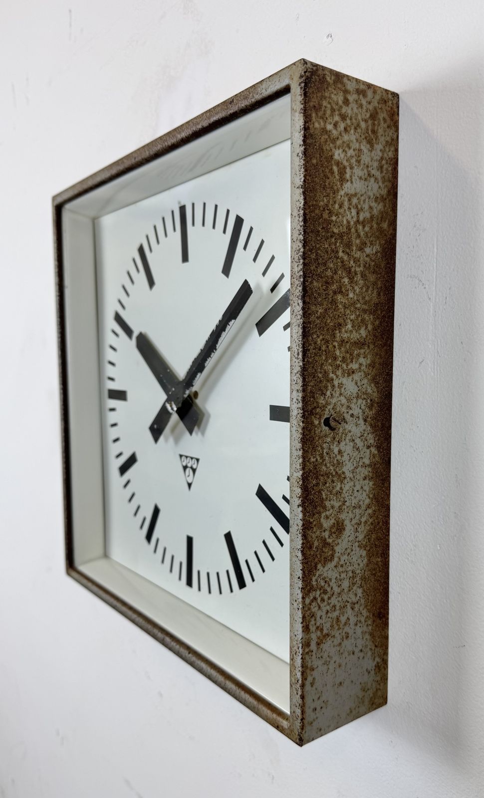 Grey Rusty Industrial Square Wall Clock From Pragotron, 1970s photo vintage