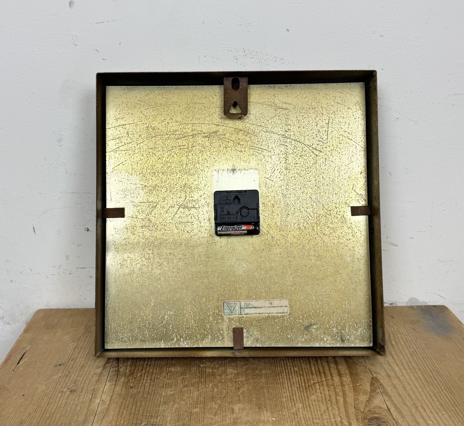 photo vinterior Grey Rusty Industrial Square Wall Clock From Pragotron, 1970s