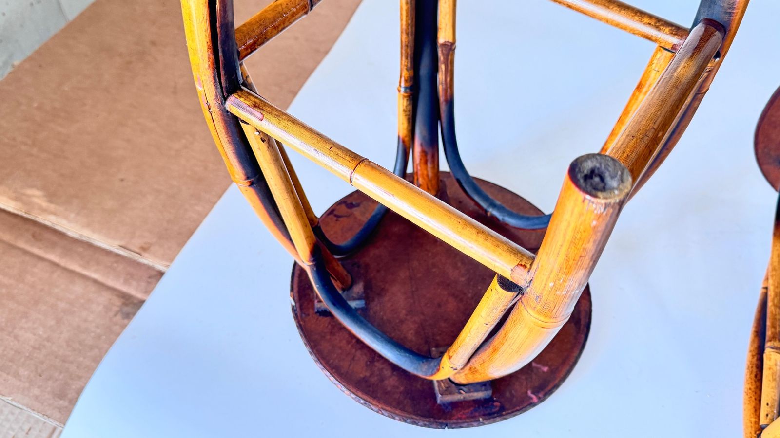 Pair Of 1950s French Riviera Stools, Woven Rattan And Bamboo, Vibrant Geometric photo vinterior