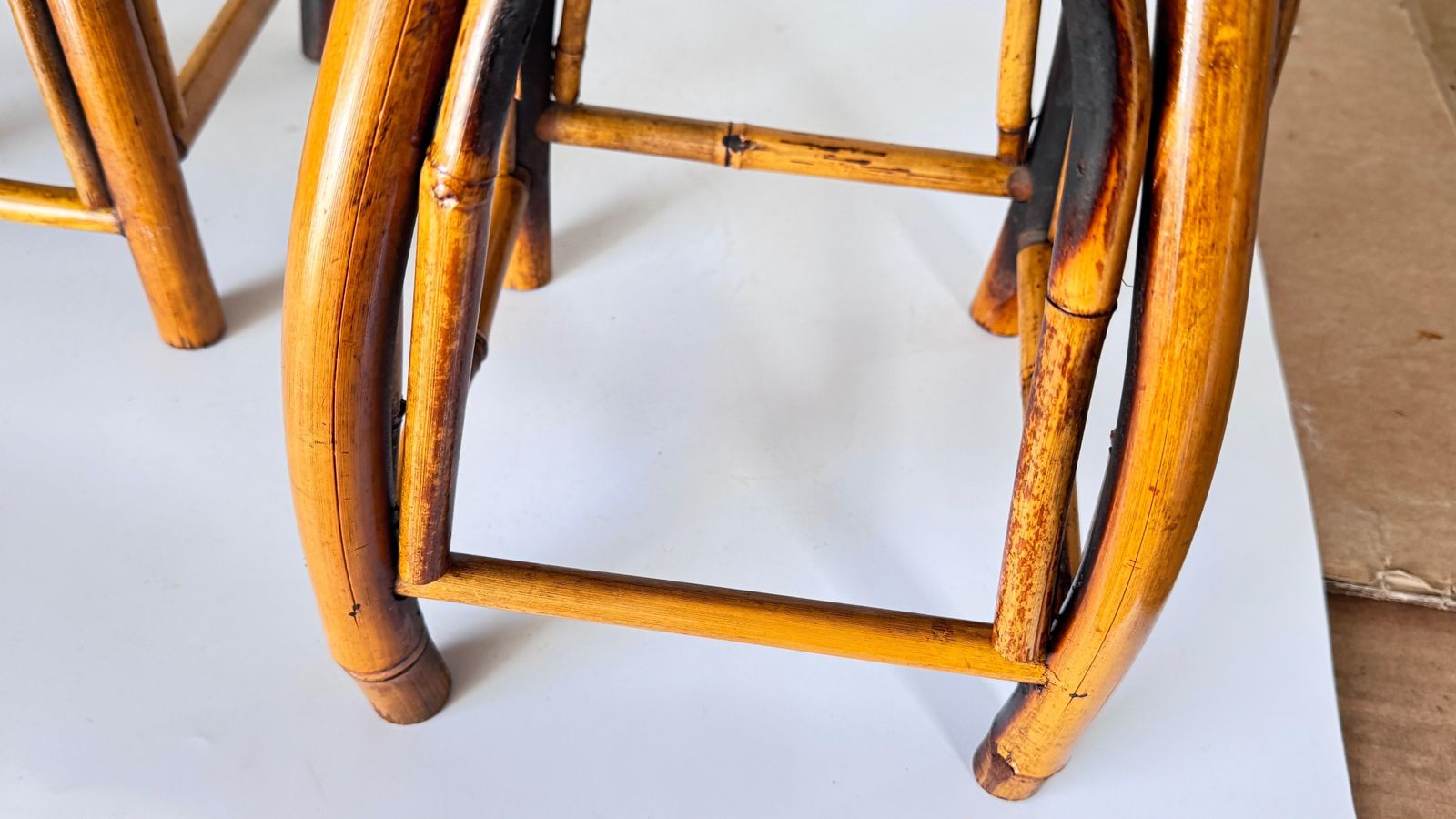 photo for sale Pair Of 1950s French Riviera Stools, Woven Rattan And Bamboo, Vibrant Geometric