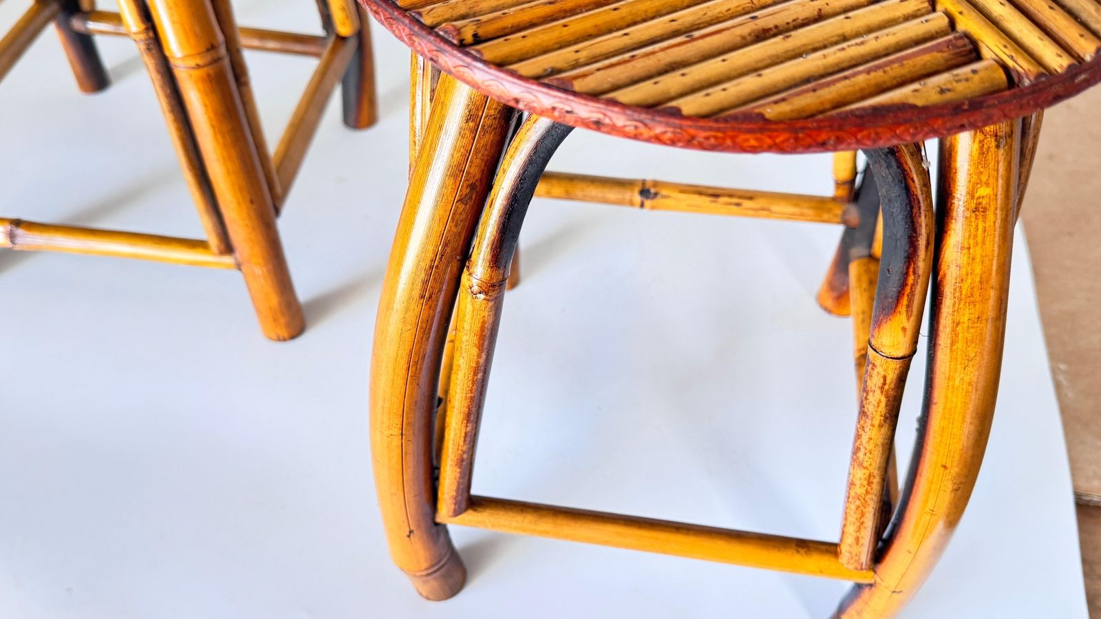 671.0 Pair Of 1950s French Riviera Stools, Woven Rattan And Bamboo, Vibrant Geometric photo