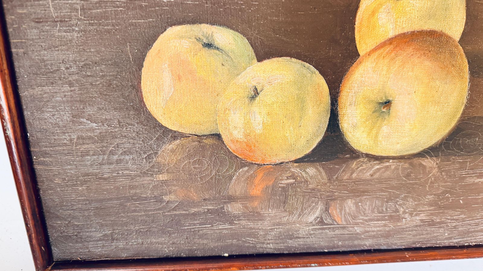 Still Life Oil On Canvas: Apples With Light And Shadow, Dark Wood Frame photo Art