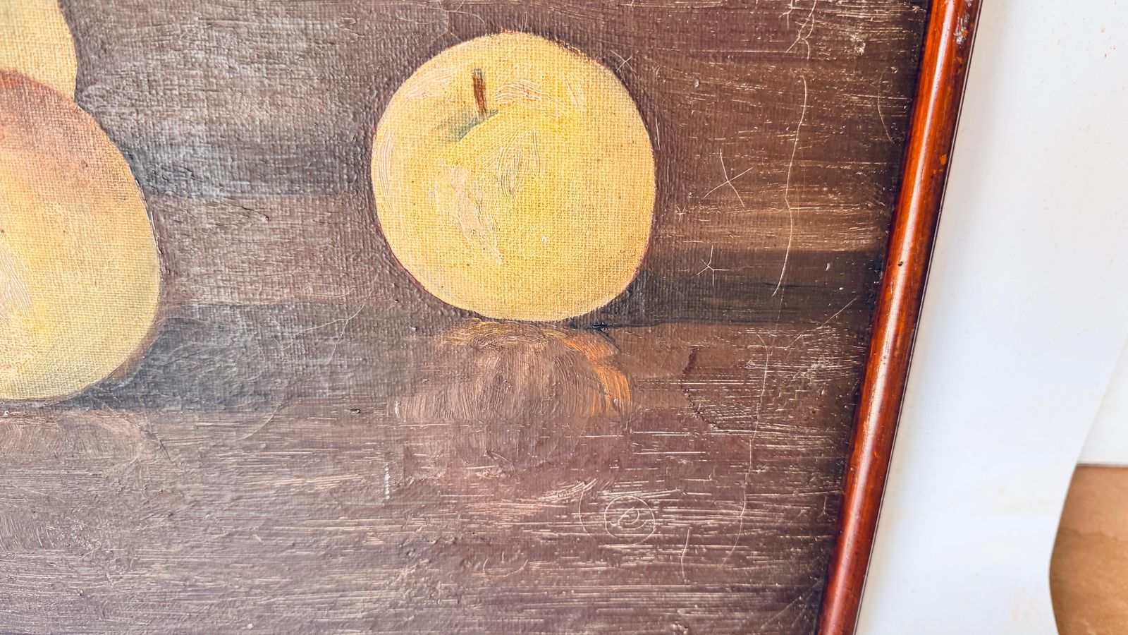 Still Life Oil On Canvas: Apples With Light And Shadow, Dark Wood Frame photo vintage