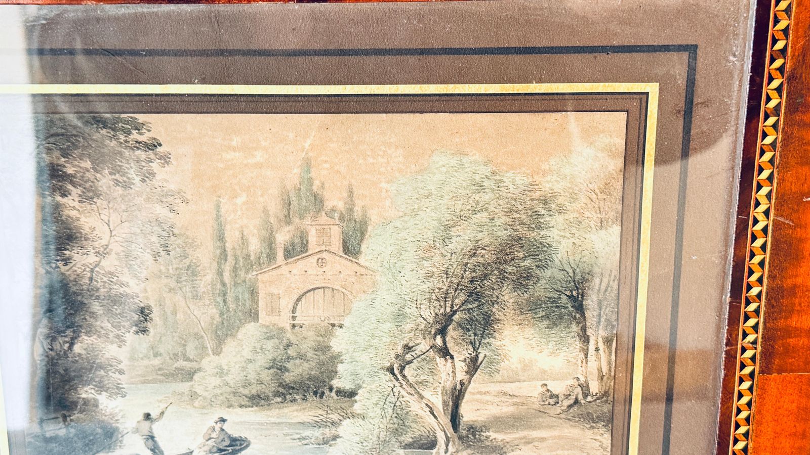 19th Century Watercolor By Claude Thiénon – River Scene With Boat And Church photo buy