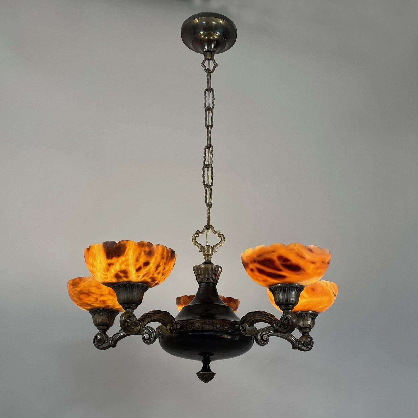 Nickel Plated Brass & Alabaster 5 Light Chandelier, Sweden 1920s To 1930s photo for sale