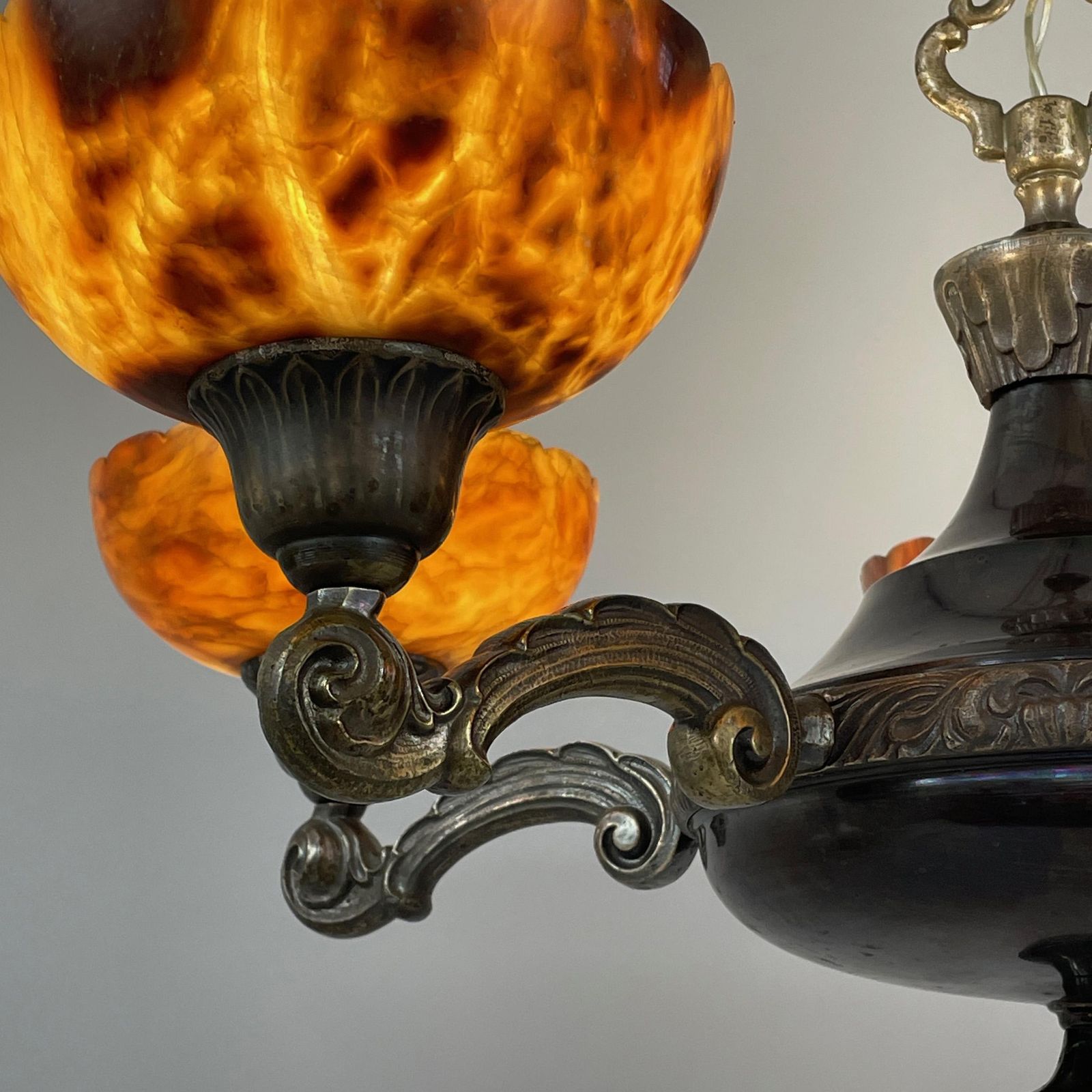 Lighting Nickel Plated Brass & Alabaster 5 Light Chandelier, Sweden 1920s To 1930s photo