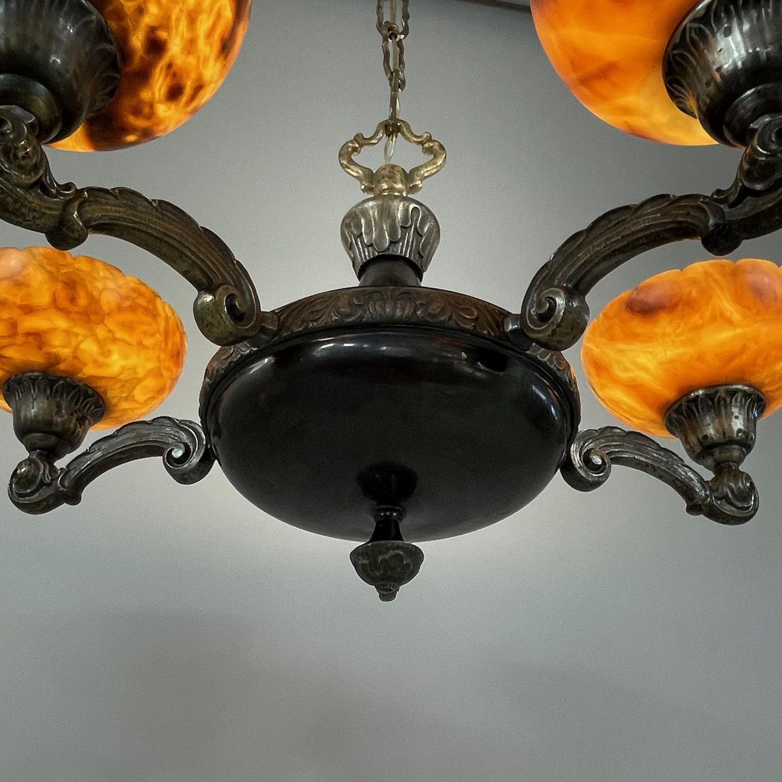 2149.0 Nickel Plated Brass & Alabaster 5 Light Chandelier, Sweden 1920s To 1930s photo