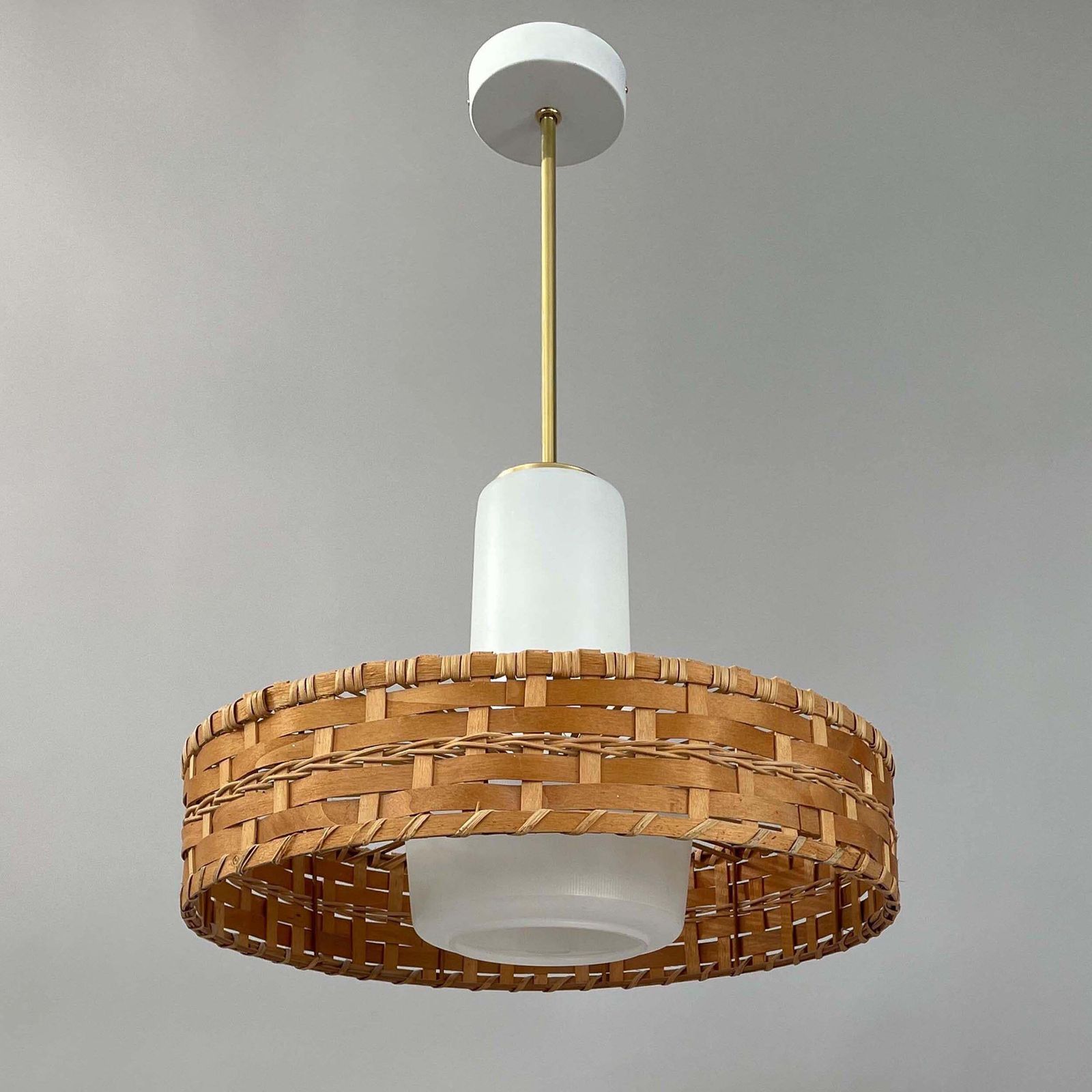 Rattan & Frosted Glass Pendant By Doria, Germany 1960s photo furniture