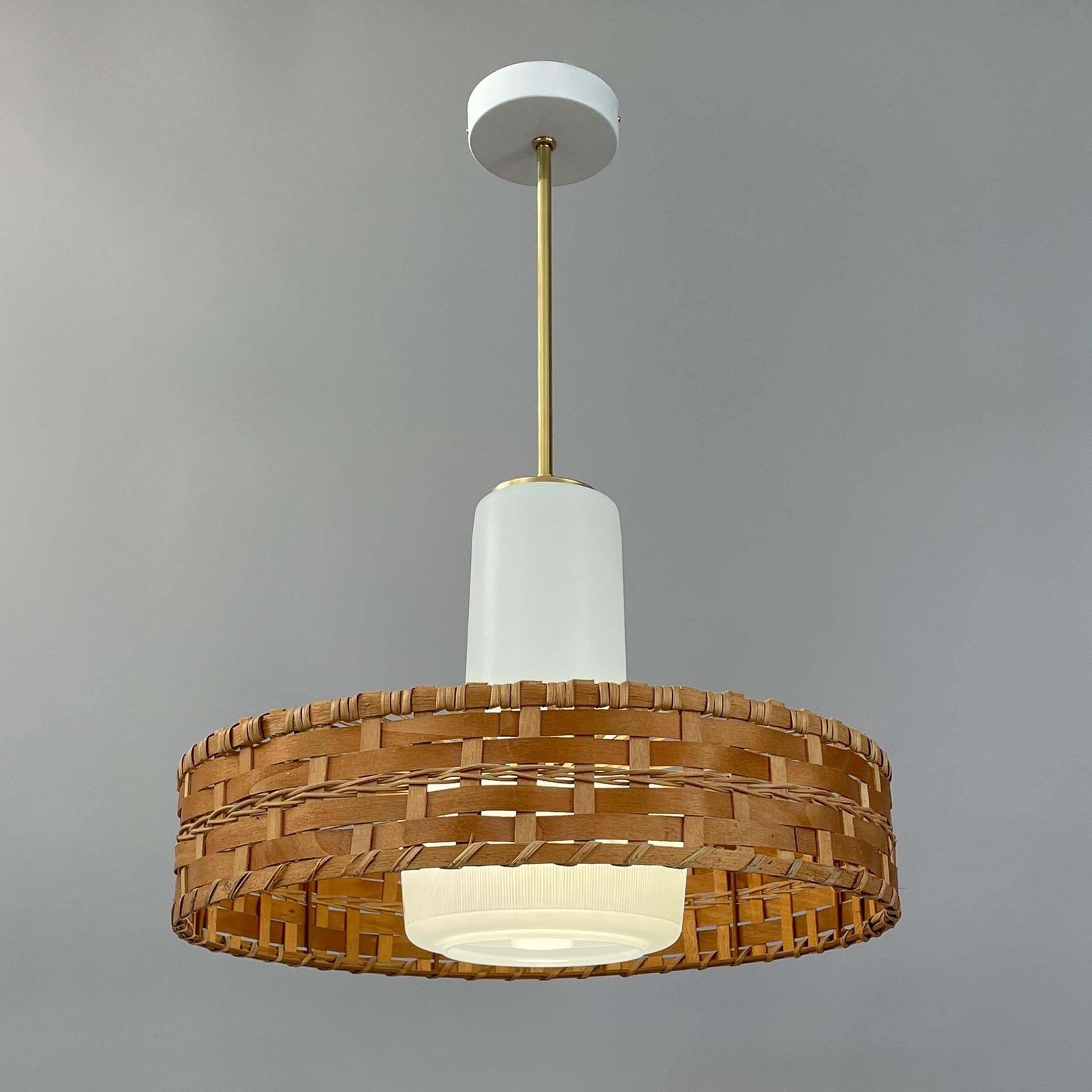 Rattan & Frosted Glass Pendant By Doria, Germany 1960s photo for sale