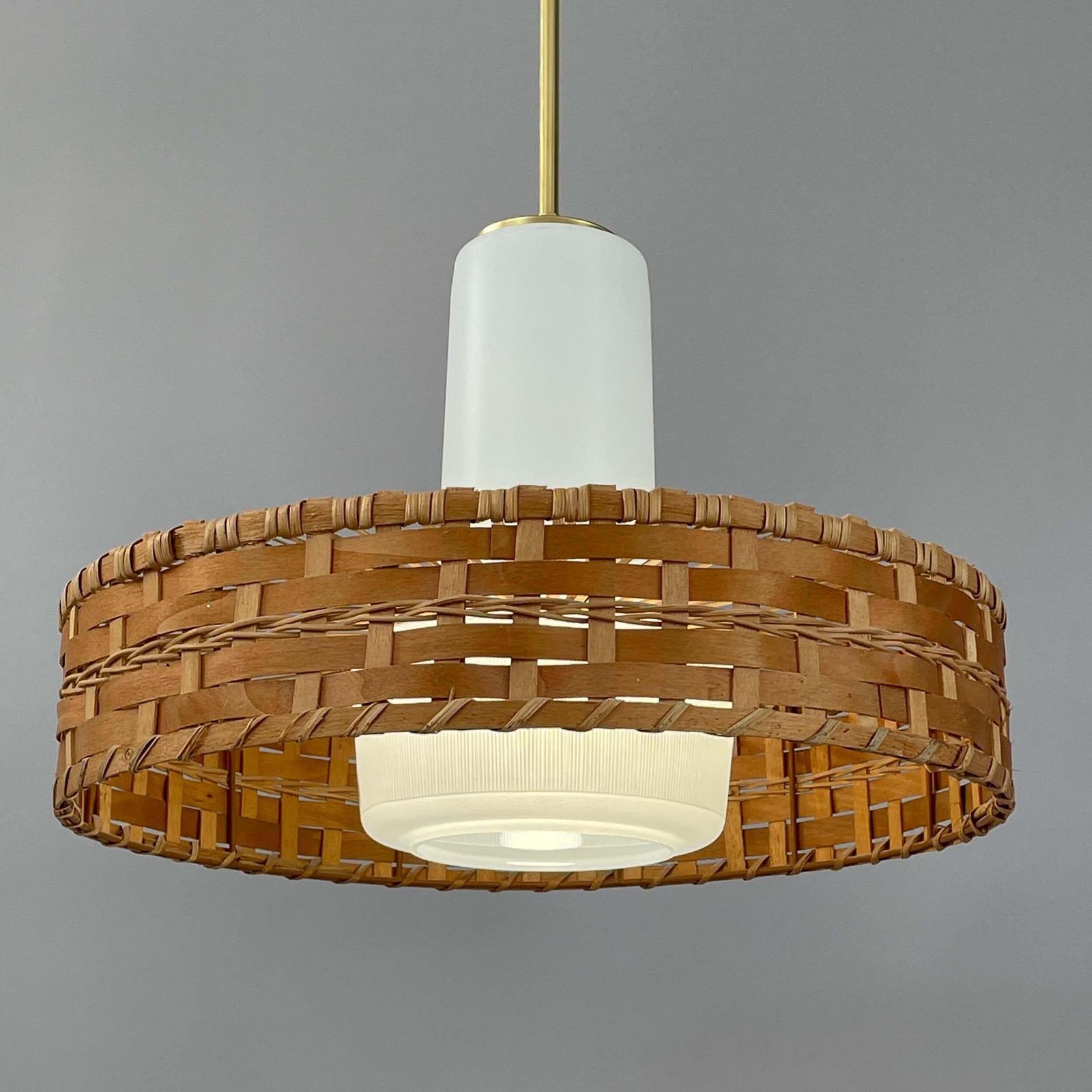 Rattan & Frosted Glass Pendant By Doria, Germany 1960s photo Lighting