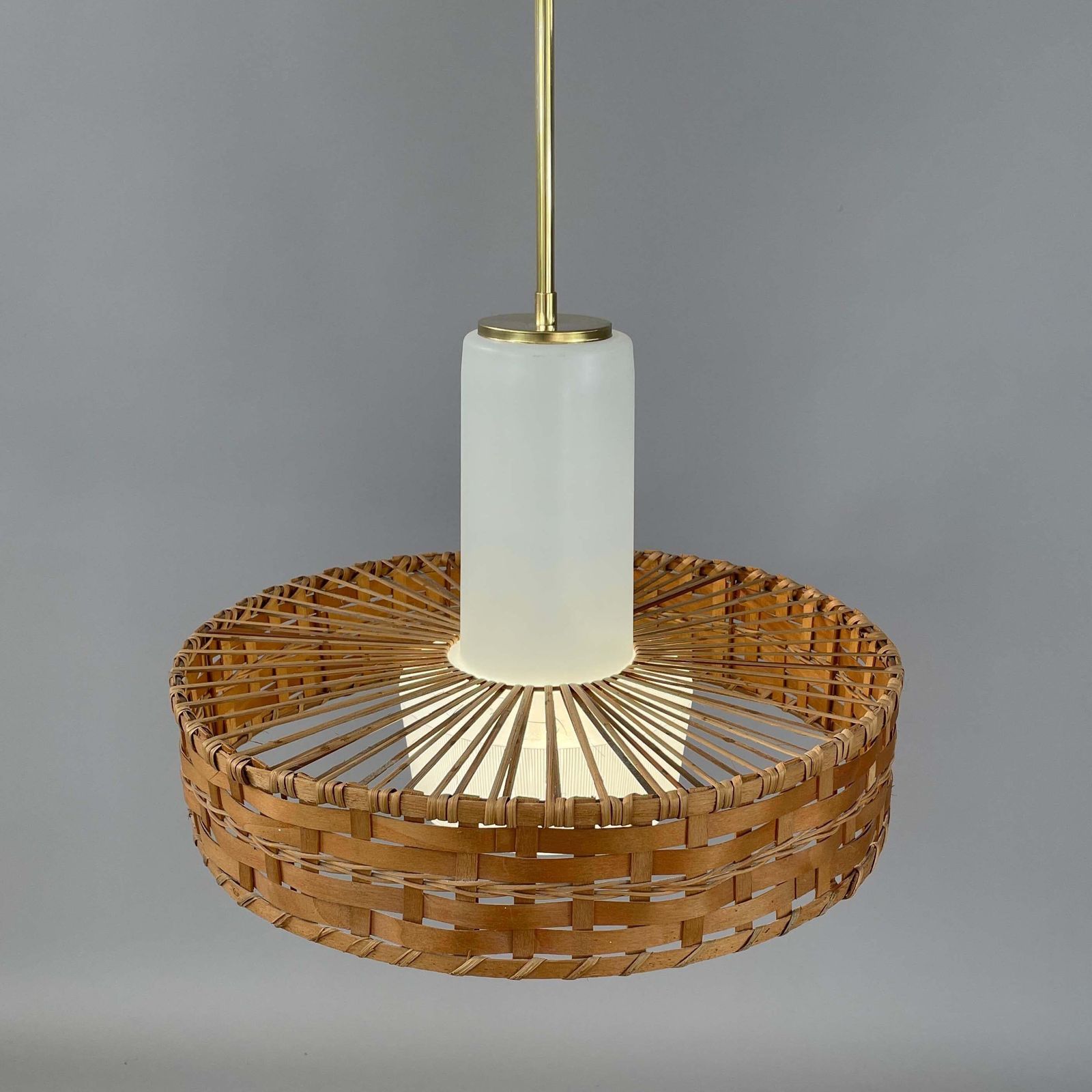Rattan & Frosted Glass Pendant By Doria, Germany 1960s photo 1027.0