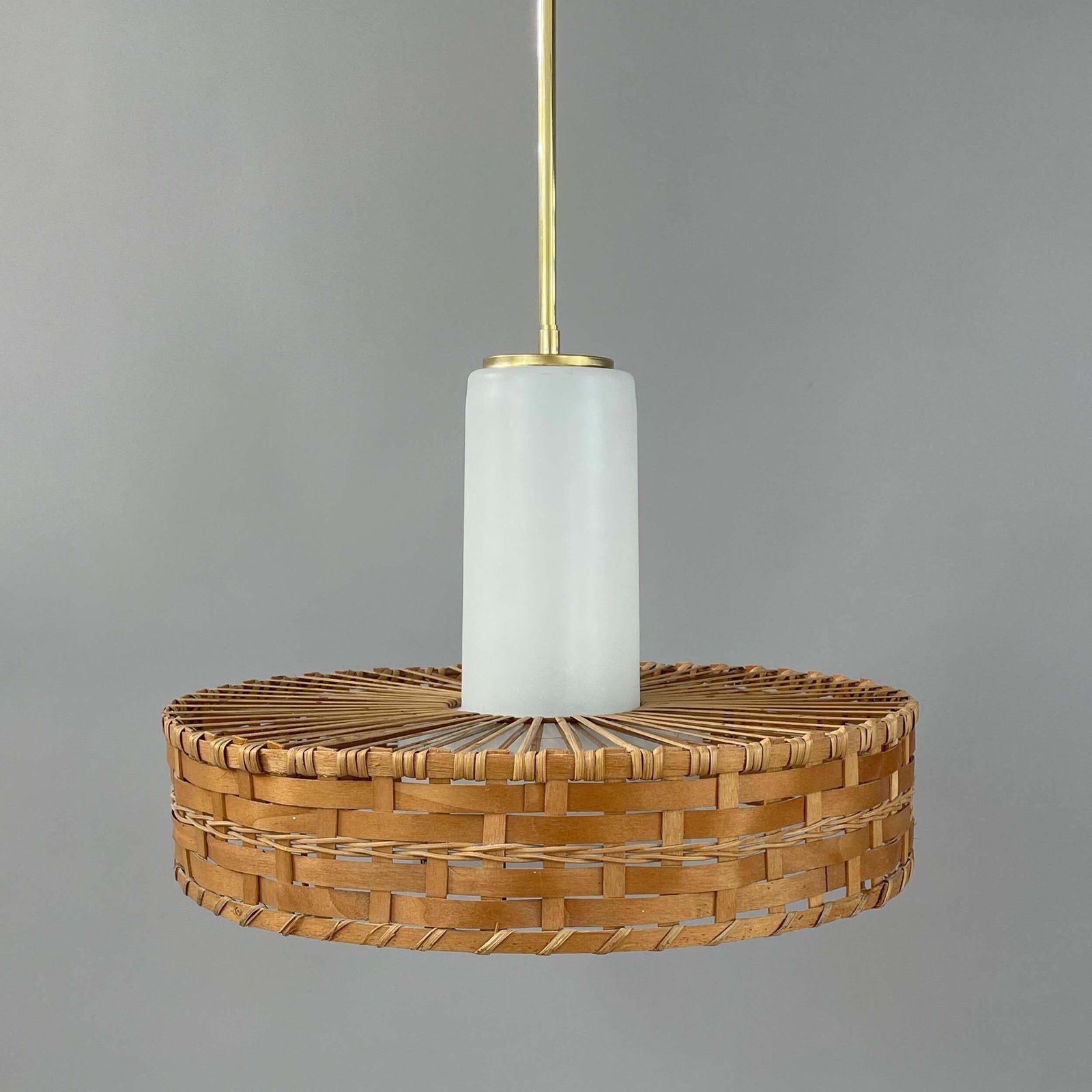 photo vintage Rattan & Frosted Glass Pendant By Doria, Germany 1960s