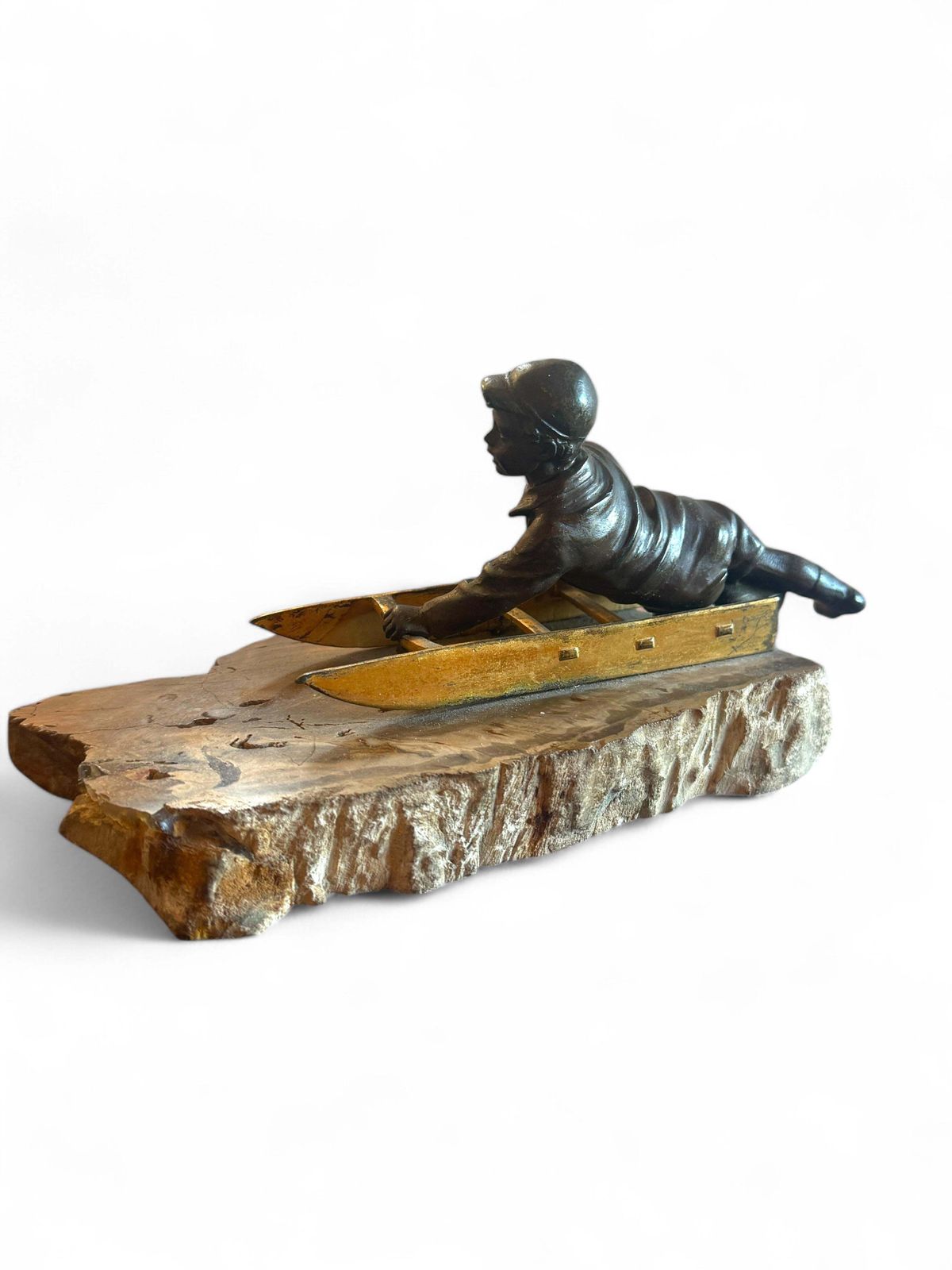 An Early 20th Century French Bronze Figure Of A Young Boy On A Toboggan photo vintage