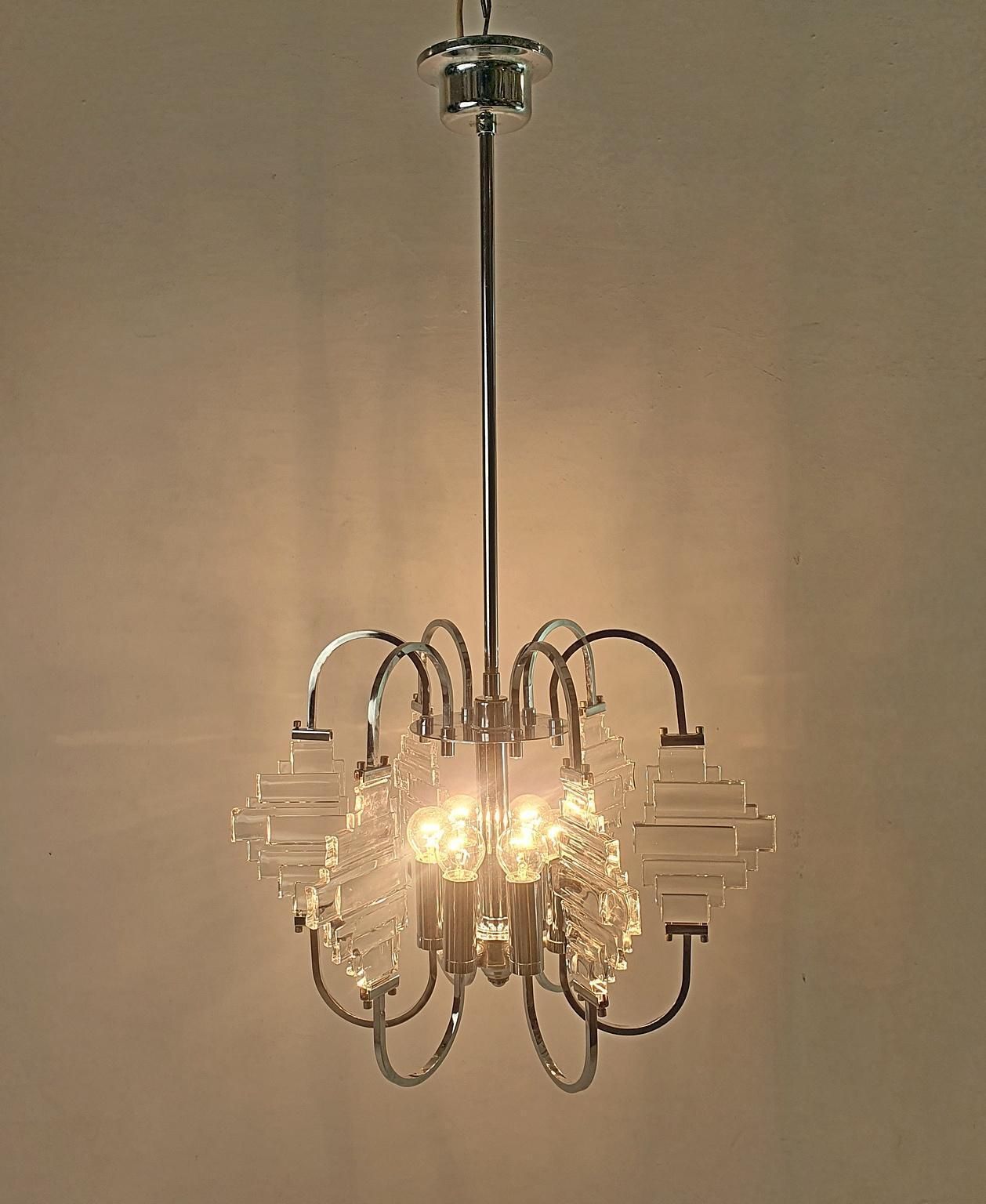 Chandelier By Sciolari In Glass And Chrome, Italy, 1960 photo for sale