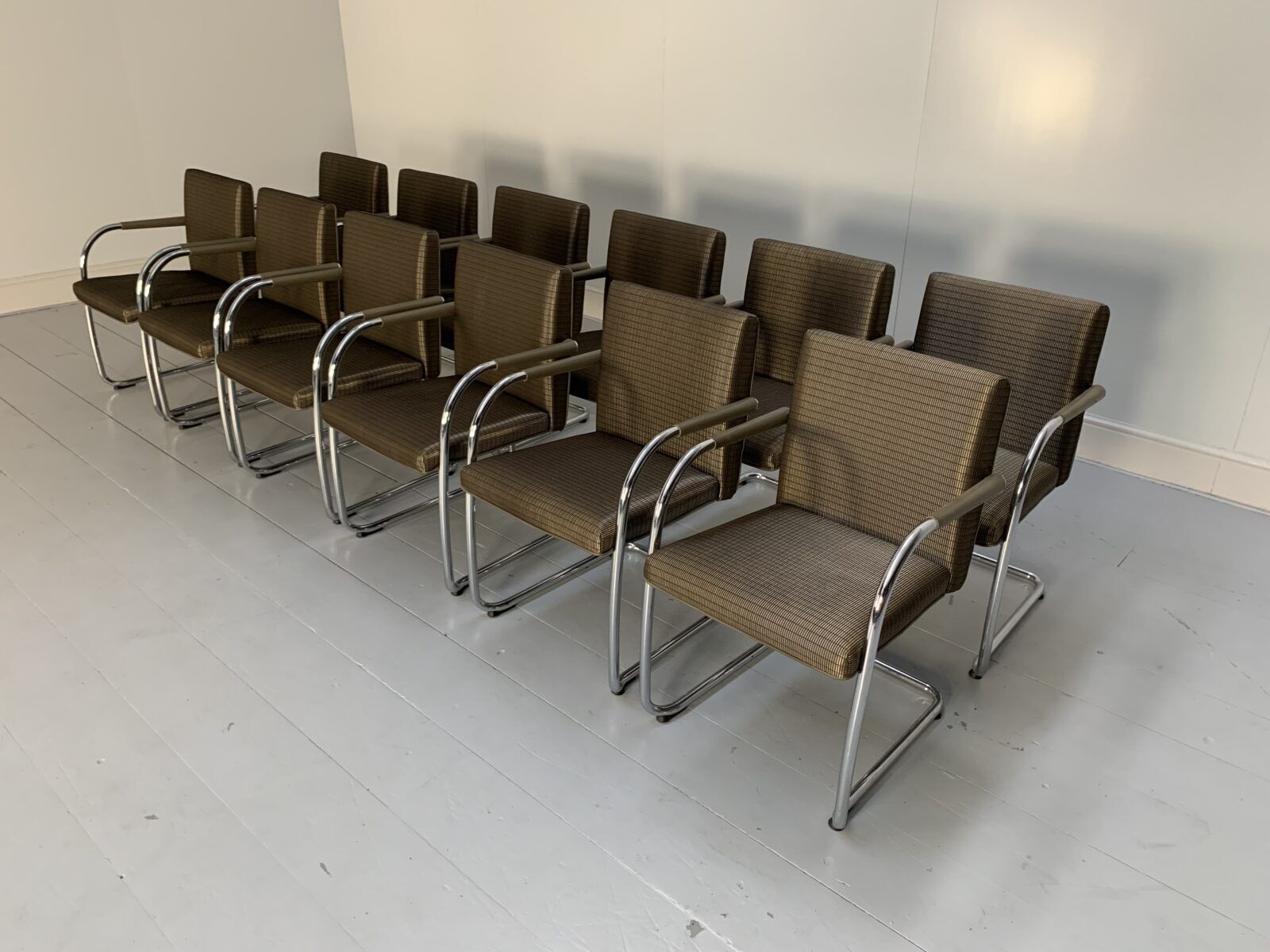 12 Vitra “Visasoft” Dining Meeting Chairs – In Gold Fabric & Leather photo for sale
