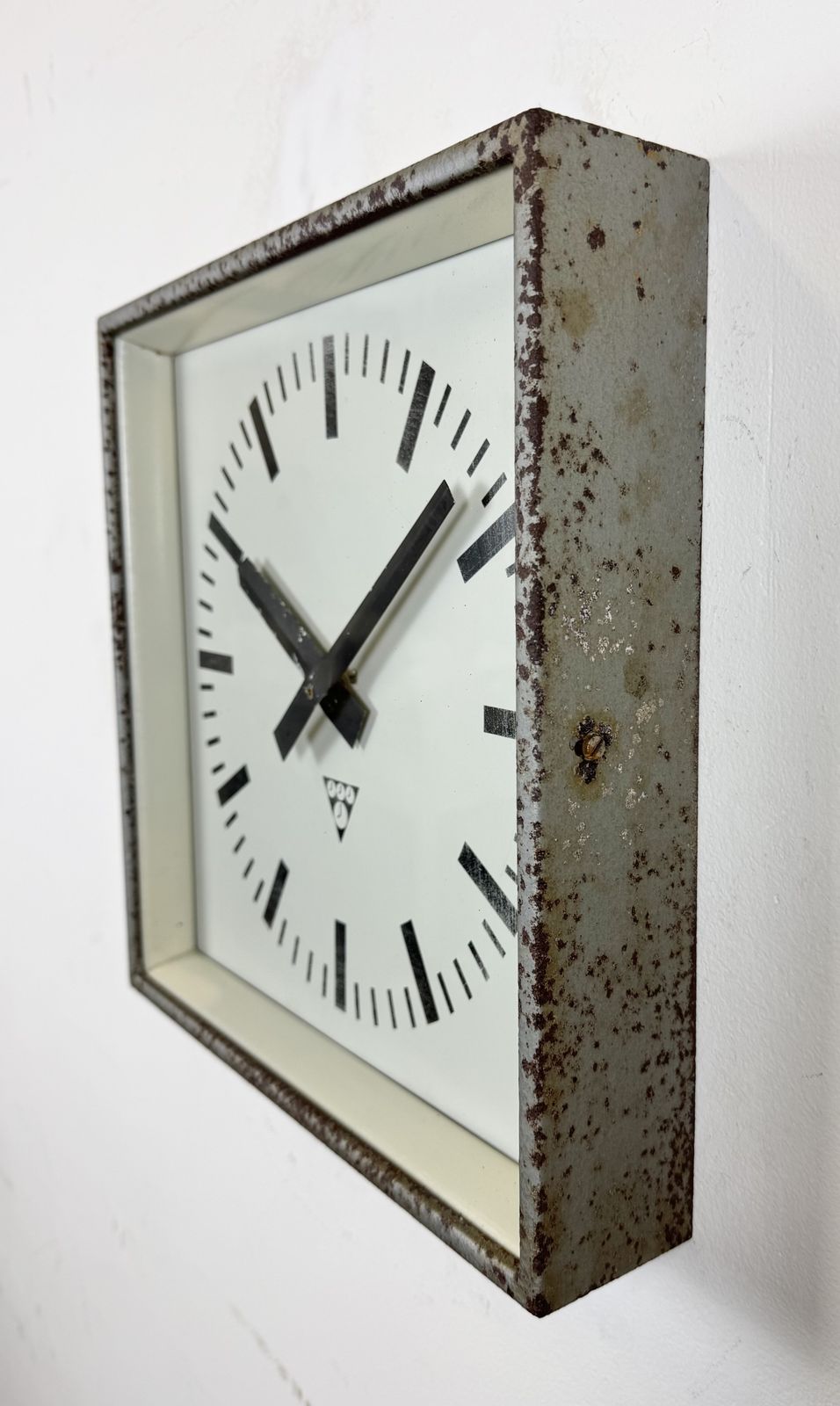 Grey Rusty Industrial Square Wall Clock From Pragotron, 1970s photo for sale