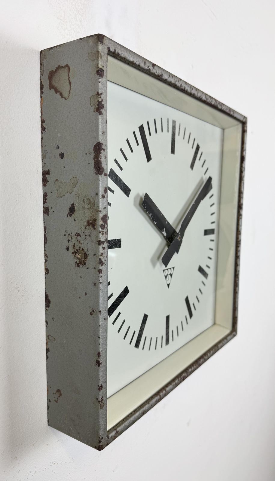Grey Rusty Industrial Square Wall Clock From Pragotron, 1970s photo vintage