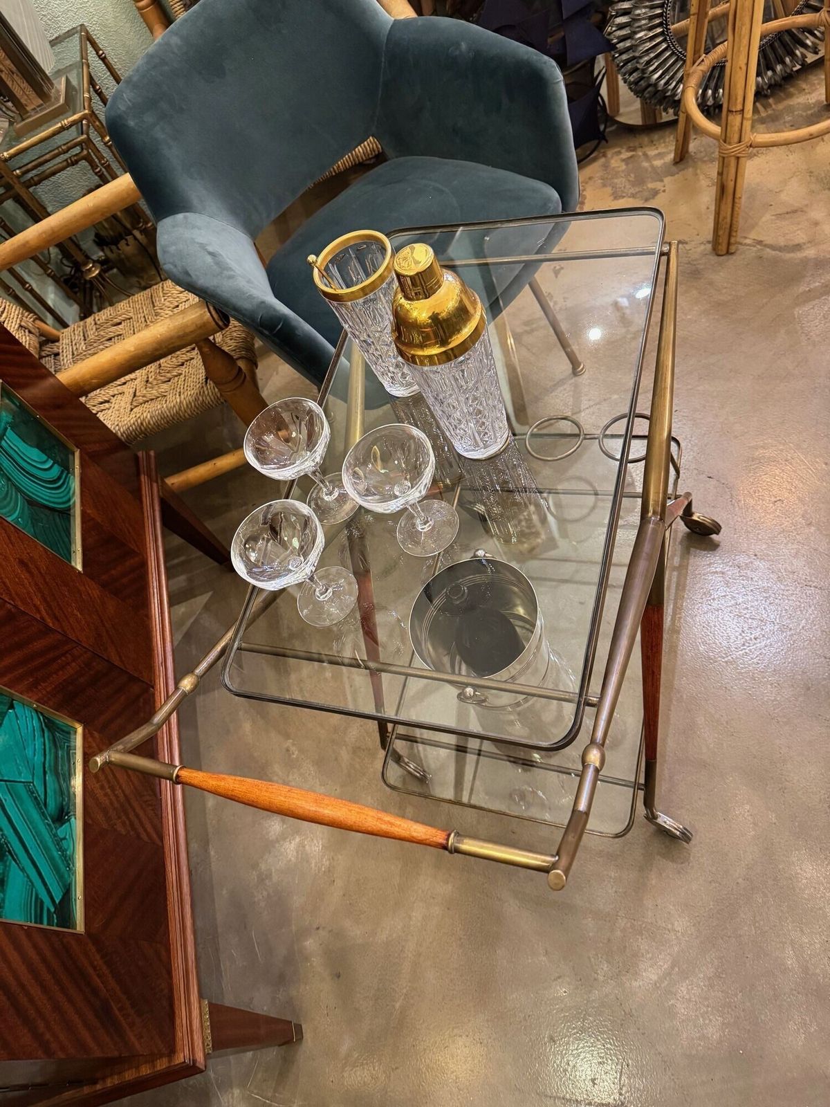 photo for sale An Italian 1950s Brass And Lacquered Wood Bar Trolley By Cesare Lacca