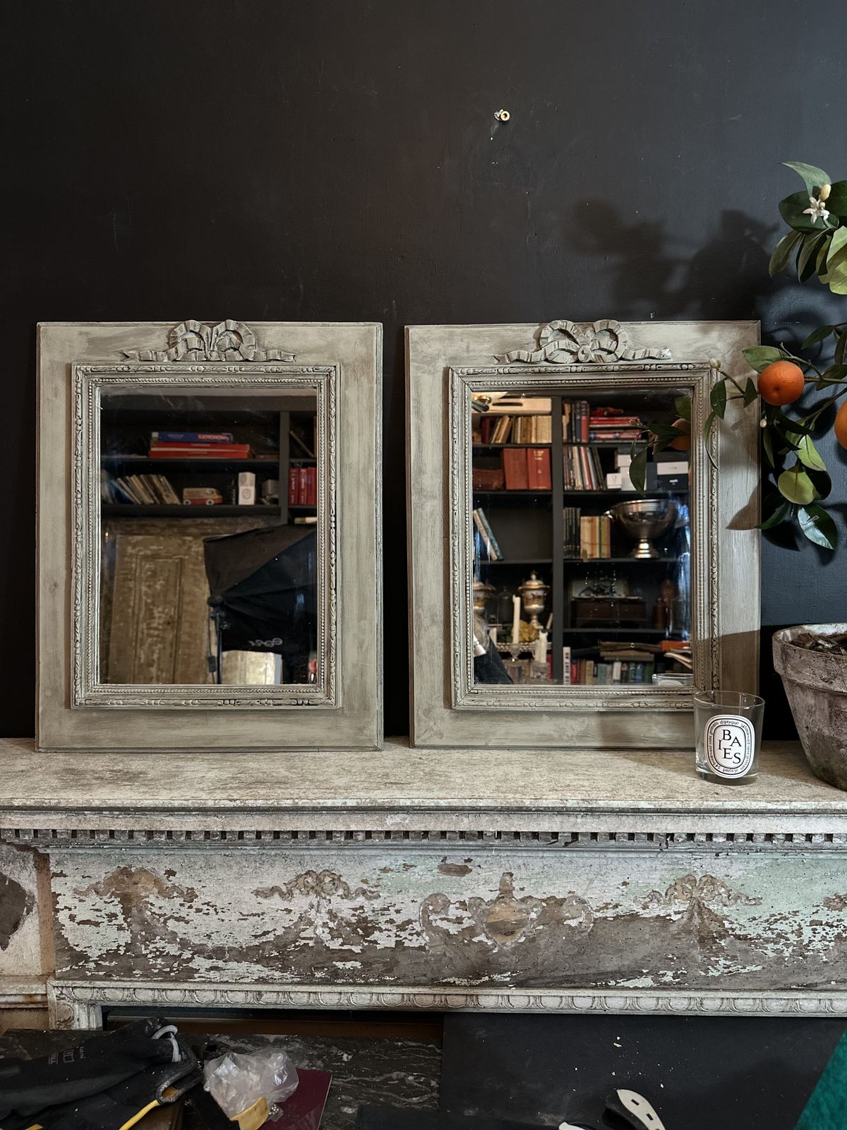 Really Pretty Pair Of Painted French Wall Mirrors – Soft ‘Eau De Nil’ With Dark Wax photo vintage