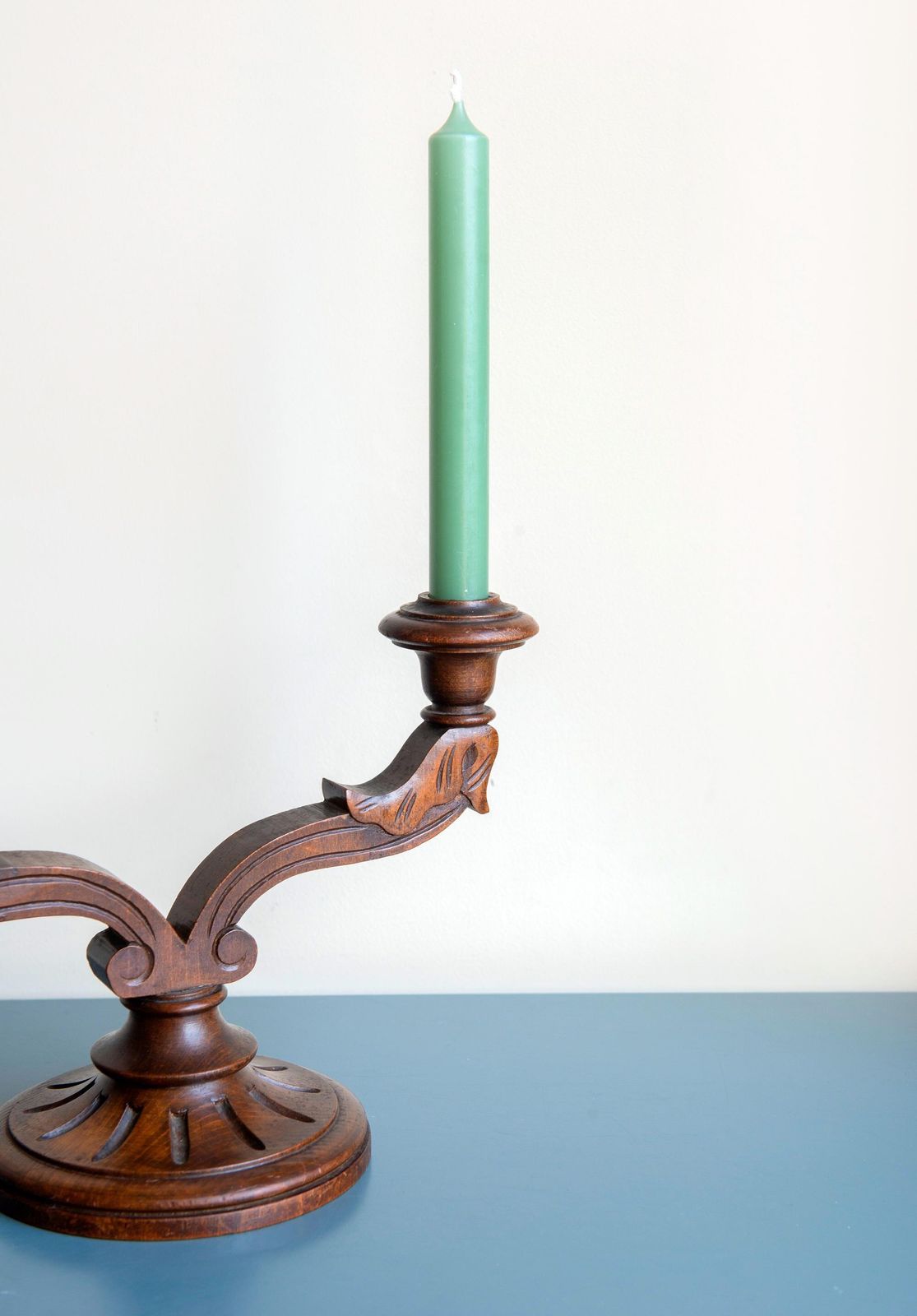 Two Art Deco Candle Holders, Antique Oak Wooden Candlesticks, Victorian Two Arm Candle Stand Pair, Art Deco Home Decor photo for sale