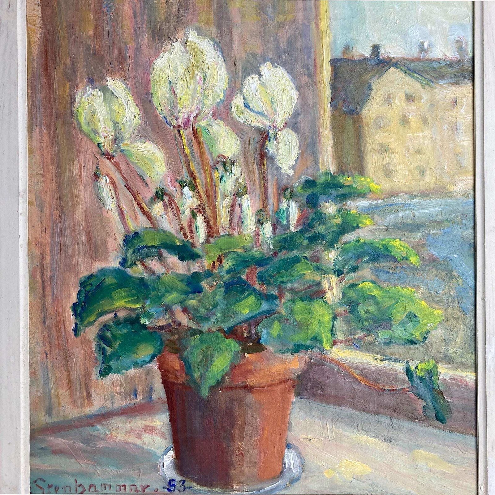 Flowers In The Window   Vintage Scandinavian Oil On Board Painting Of White Cyclamen Flowers In A Pot Dated 1953 Framed Original Swedish Art photo Art